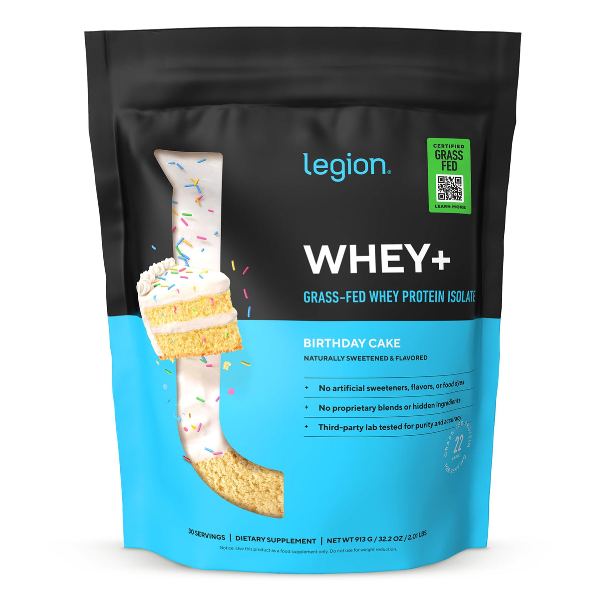 LEGION Whey+ botella vertiendo, proteína de rápida absorción para entrenos.