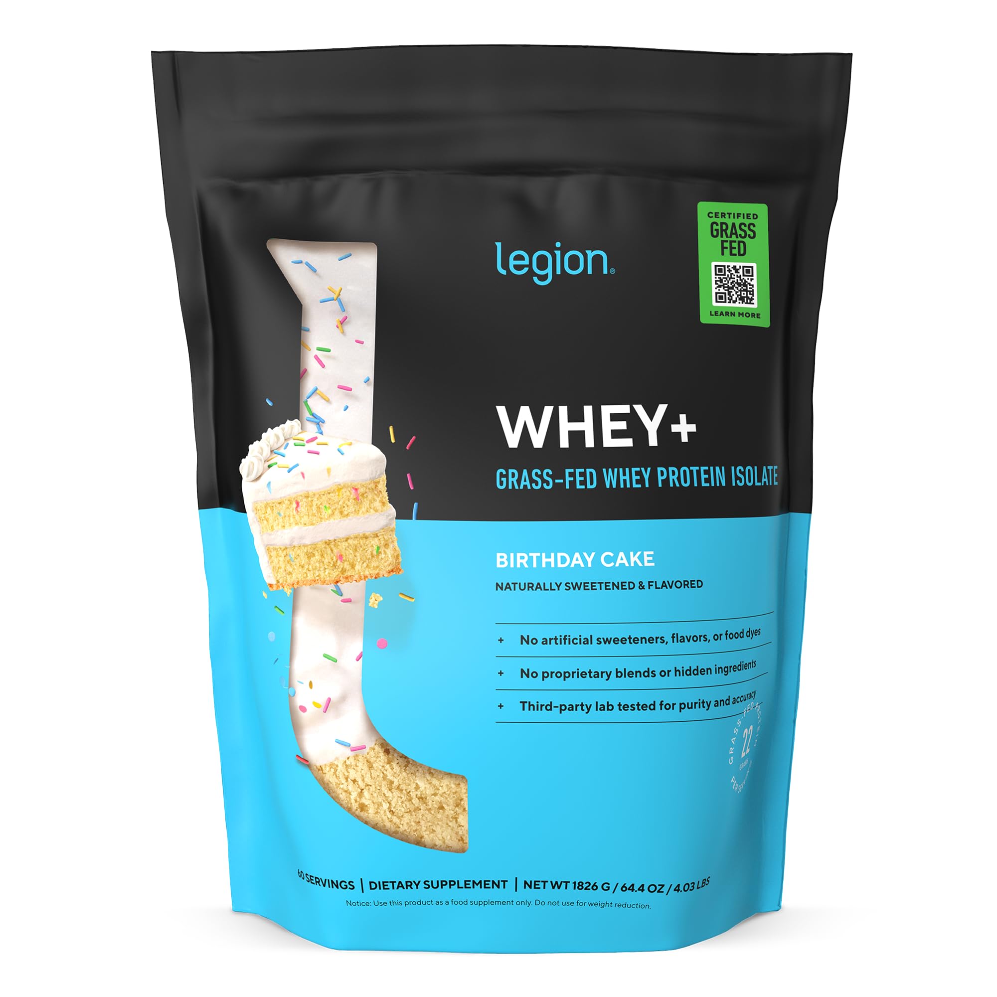 LEGION Whey+ envase frontal con sabor pastel de cumpleaños para entrenamiento diario.