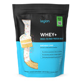 LEGION Whey+ envase frontal con sabor pastel de cumpleaños para entrenamiento diario.