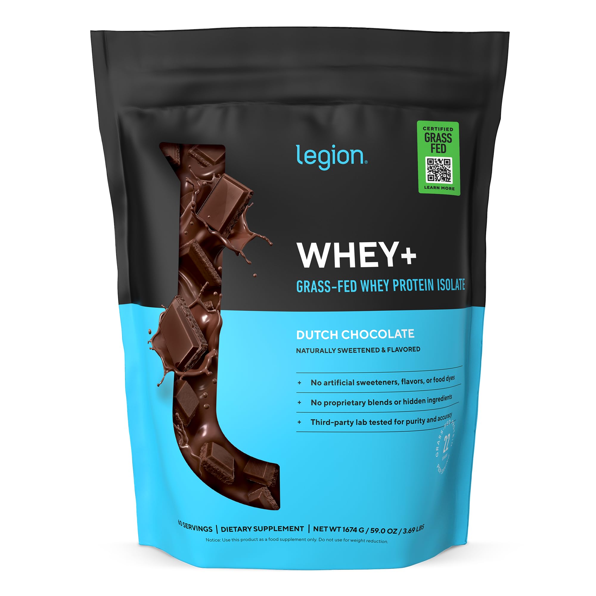 LEGION Whey+ Isolate Chocolate, lata frontal, proteína limpia para recuperación posentrenamiento.