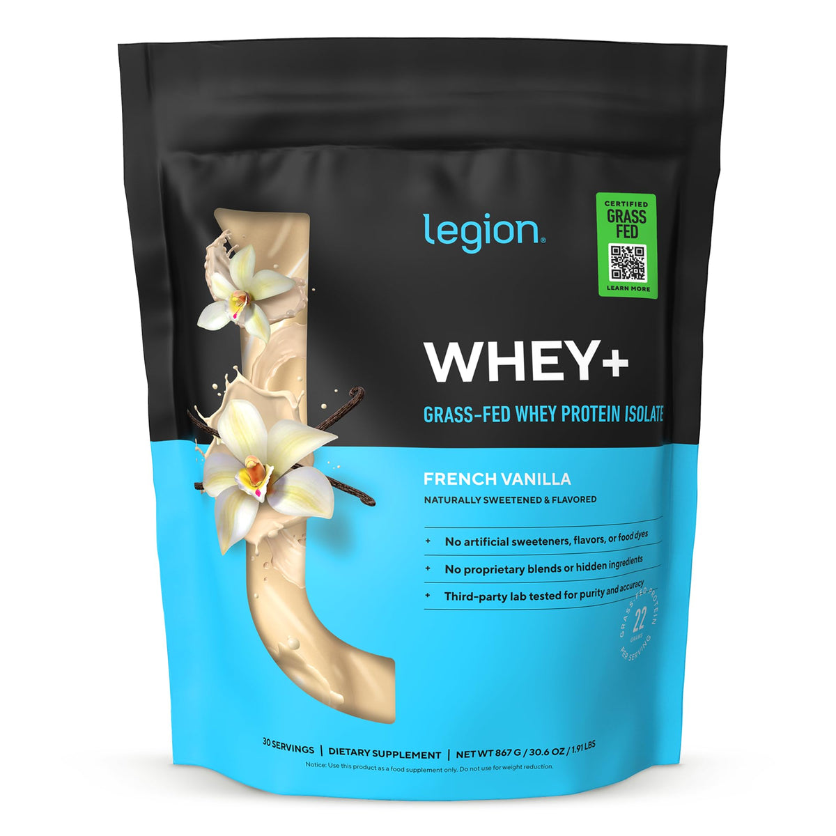 LEGION Whey+ proteina aislada vainilla francesa en vaso para batido suave