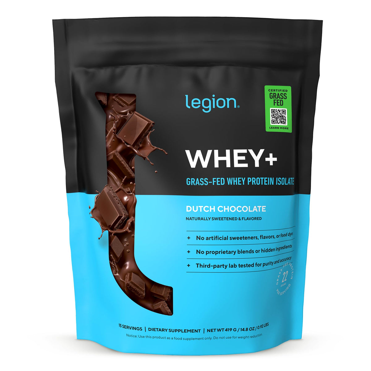 LEGION Whey+ proteina aislada chocolate 15 porciones: batido suave para recuperación tras entreno.