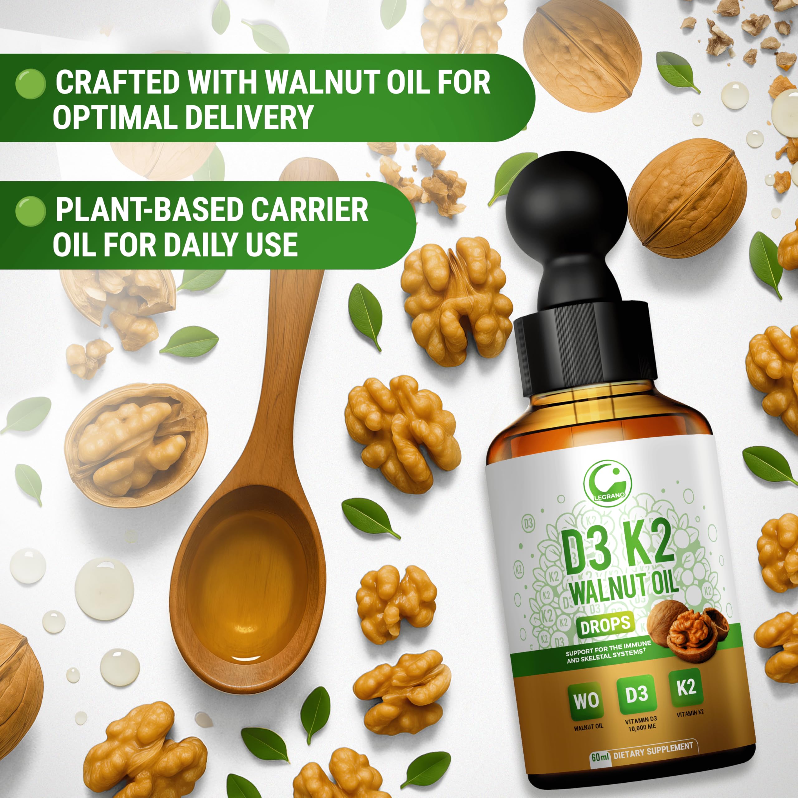 LEGRANO Gotas D3 K2, aceite de nuez para absorción suave
