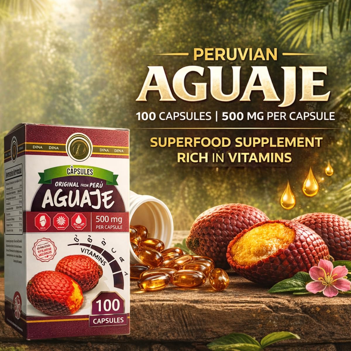 Cápsulas Aguaje del Peru junto a vaso de agua para ingesta diaria