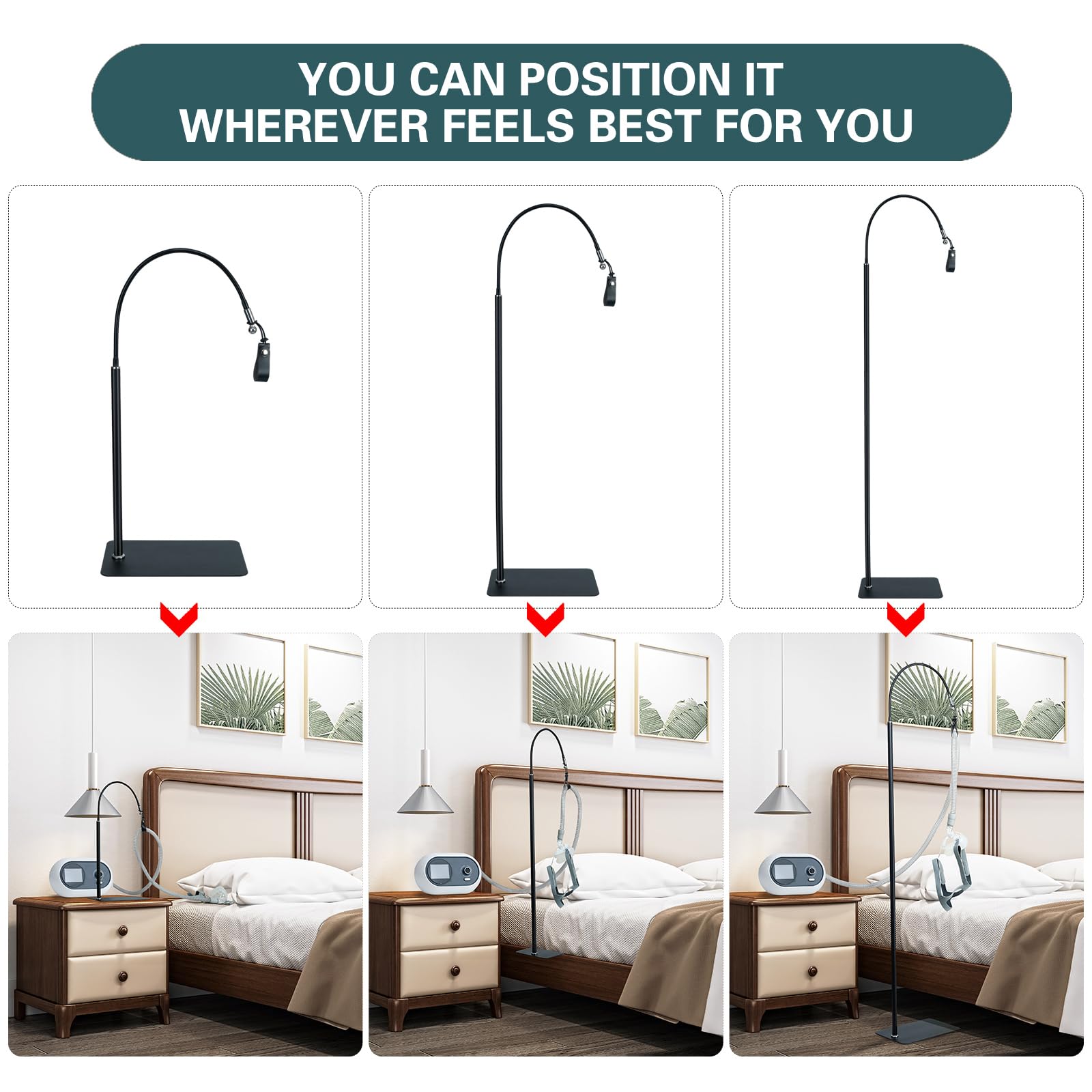 Soporte CPAP Lerboai altura ajustable y brazo giratorio para mayor flexibilidad.