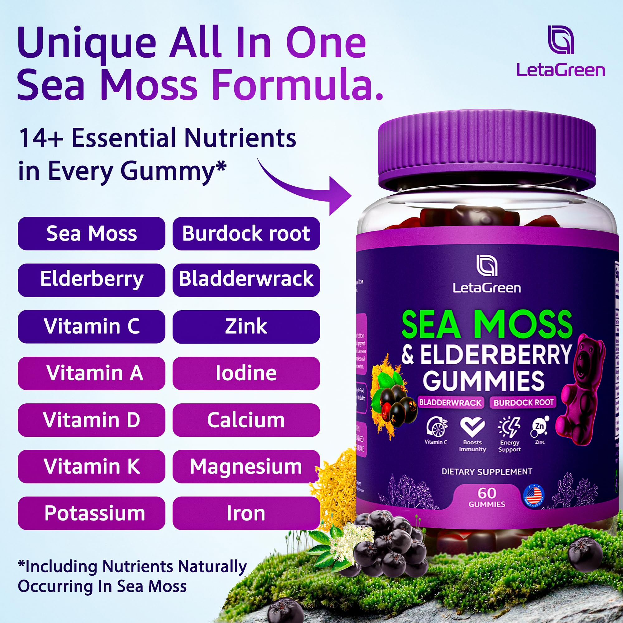 LetaGreen gominolas de musgo marino irlandés: ingredientes clave para apoyo diario.