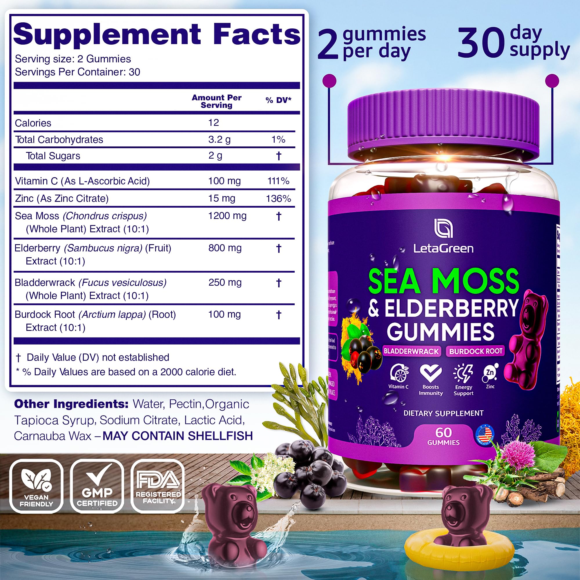 LetaGreen gominolas con nutrientes clave como yodo y vitamina C.