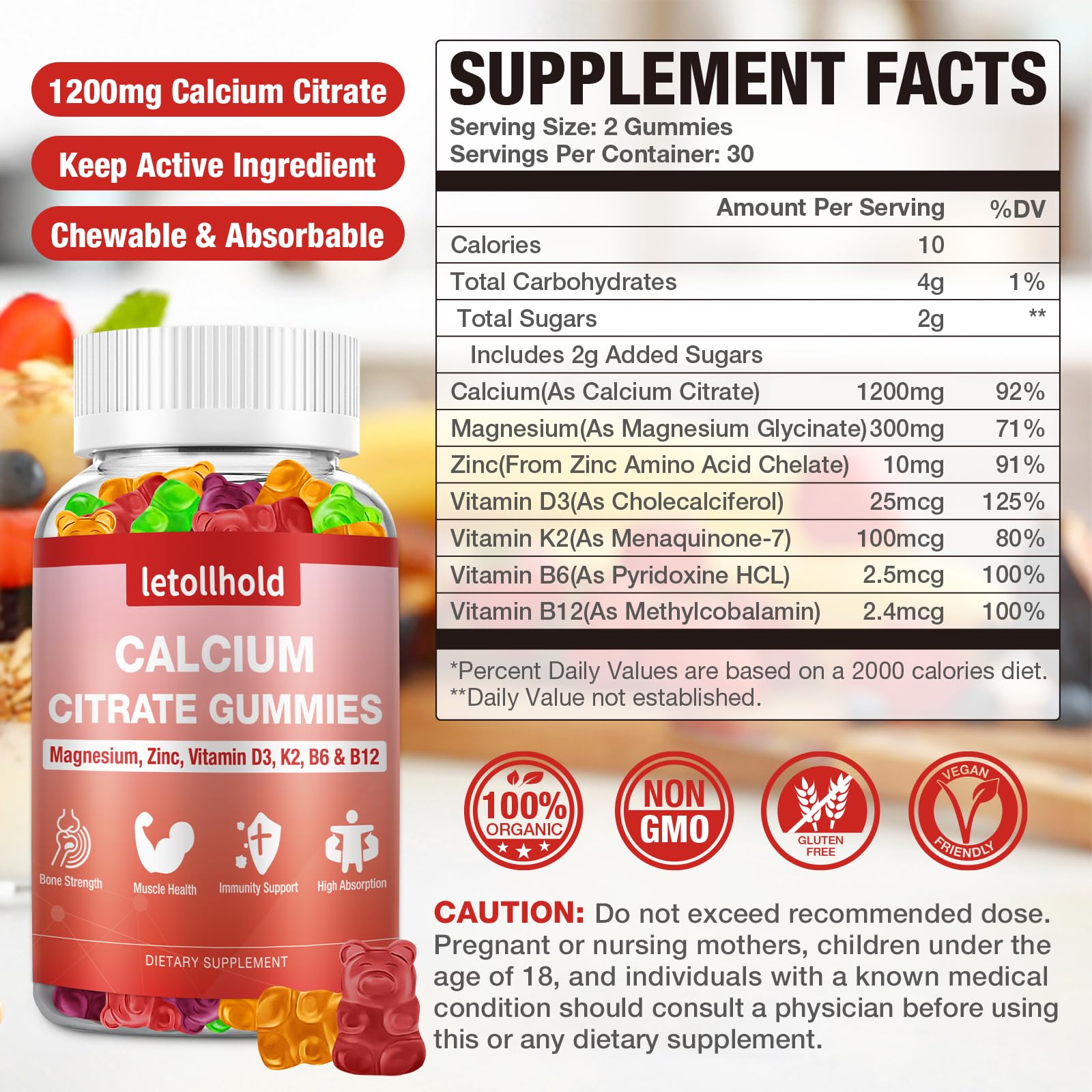 Letollhold Calcium Citrate Gummies apto para veganos garantiza una opción natural.