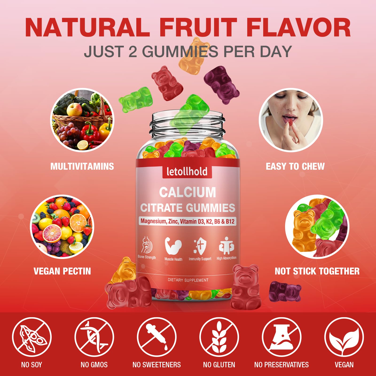 Letollhold Calcium Citrate Gummies textura suave facilita masticación diaria para bienestar.