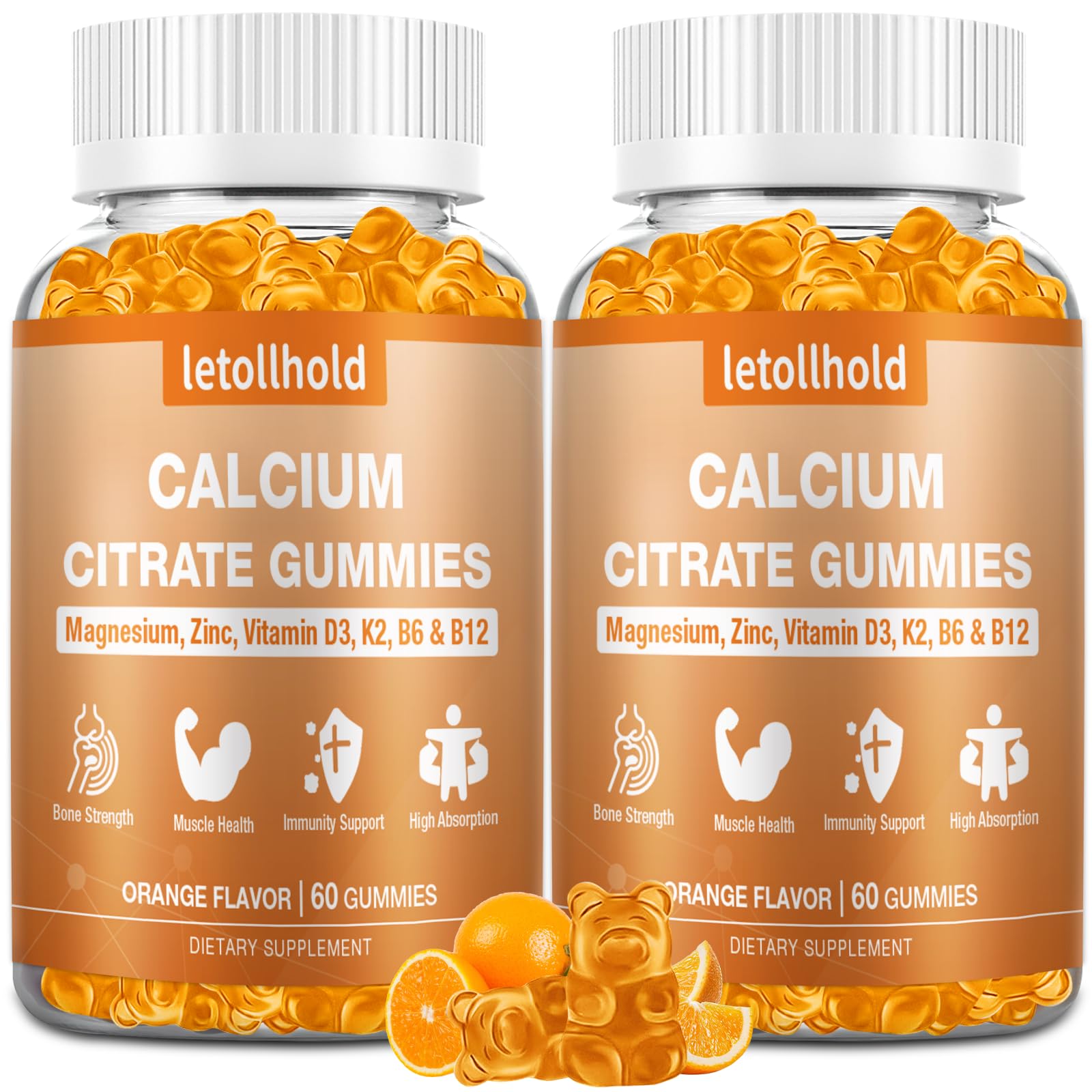Letollhold citrato de calcio gomitas 1200 mg, sabor naranja, apoyo diario para huesos.
