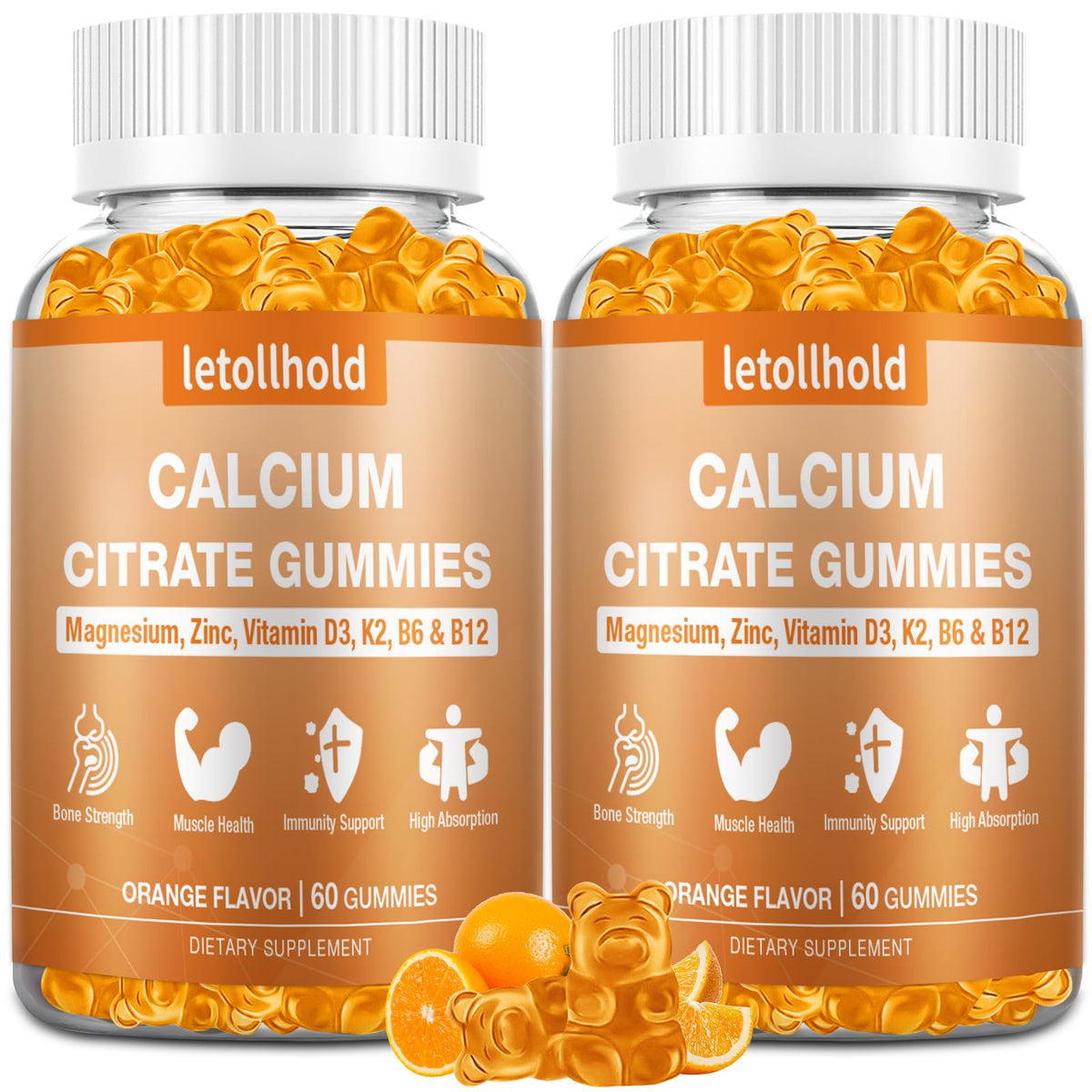 Letollhold citrato de calcio gomitas 1200 mg, sabor naranja, apoyo diario para huesos.