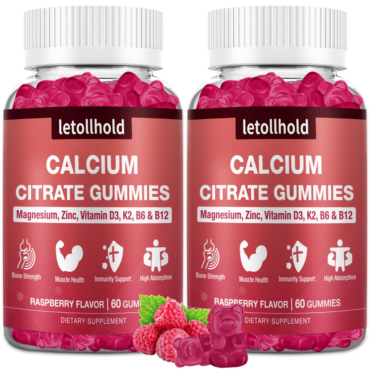 Letollhold gominolas de citrato de calcio 1200 mg con sabor frambuesa para huesos y músculos