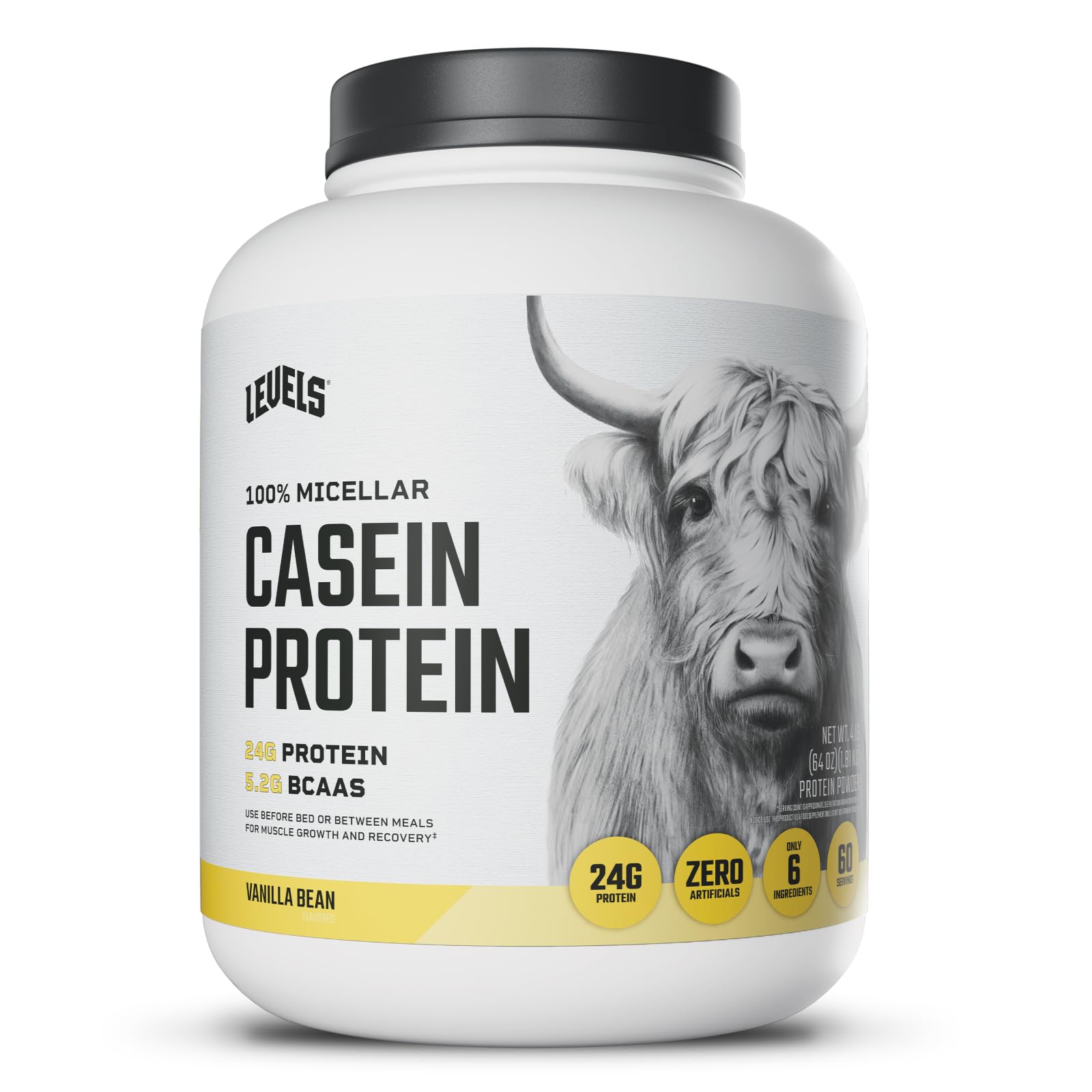 Levels Casein Vanilla Bean, lata de 4 lb, ideal para recuperación nocturna suave.
