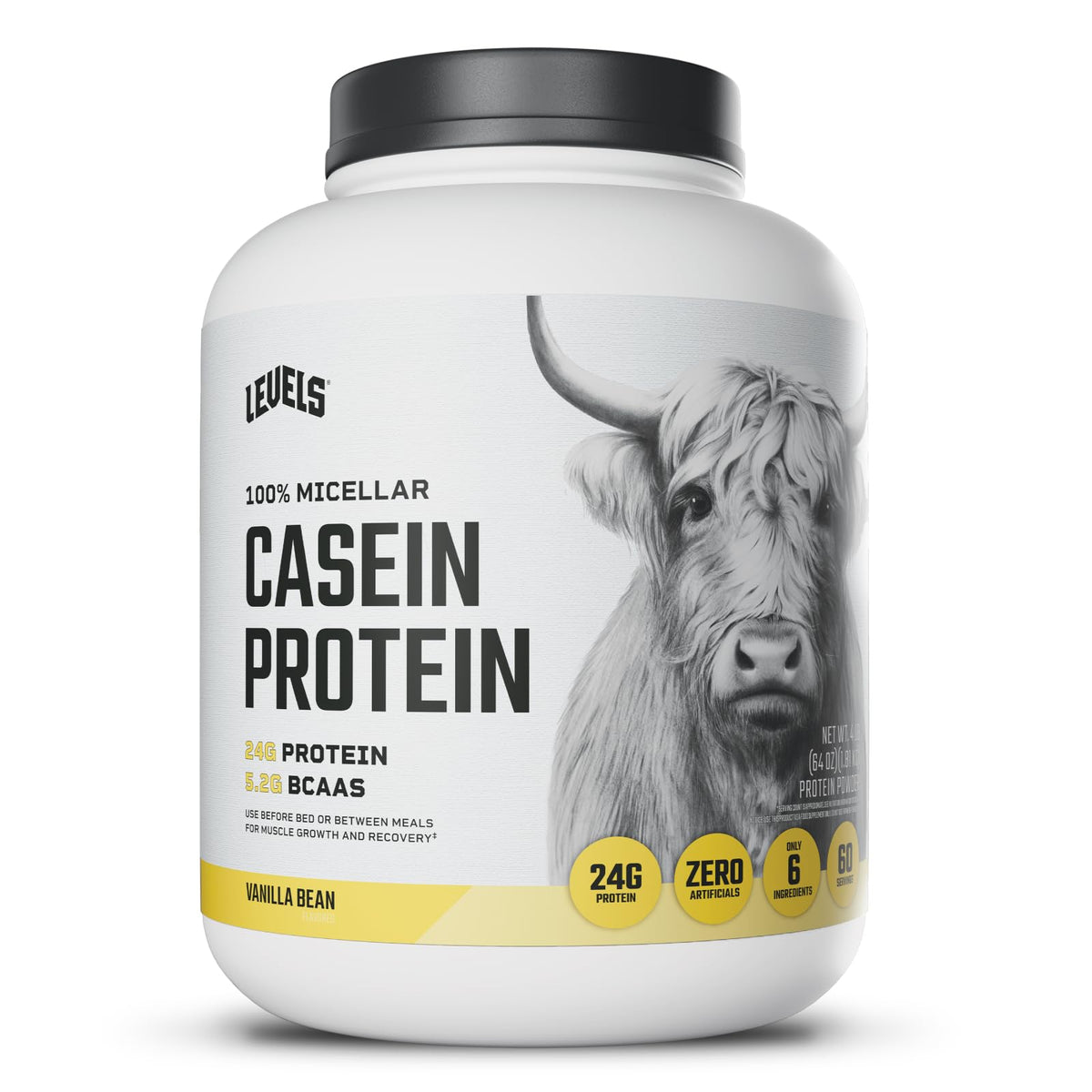 Levels Casein Vanilla Bean, lata de 4 lb, ideal para recuperación nocturna suave.