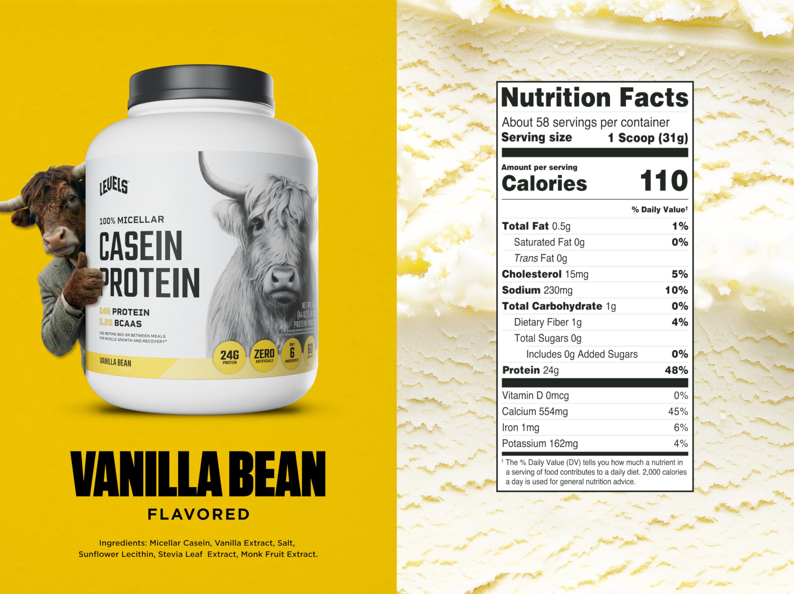 Levels Casein Vanilla Bean, sabor natural, textura cremosa para beber.