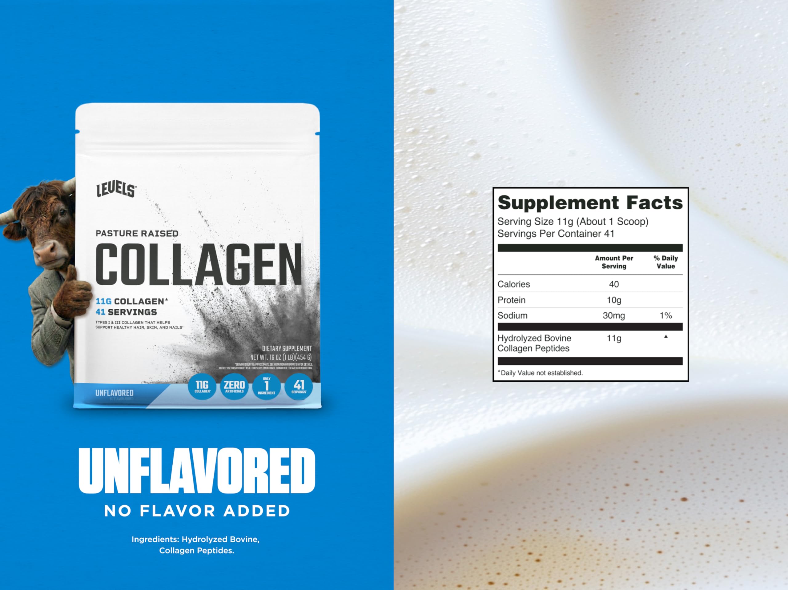Etiqueta clara de Levels Collagen Peptides con ingredientes simples