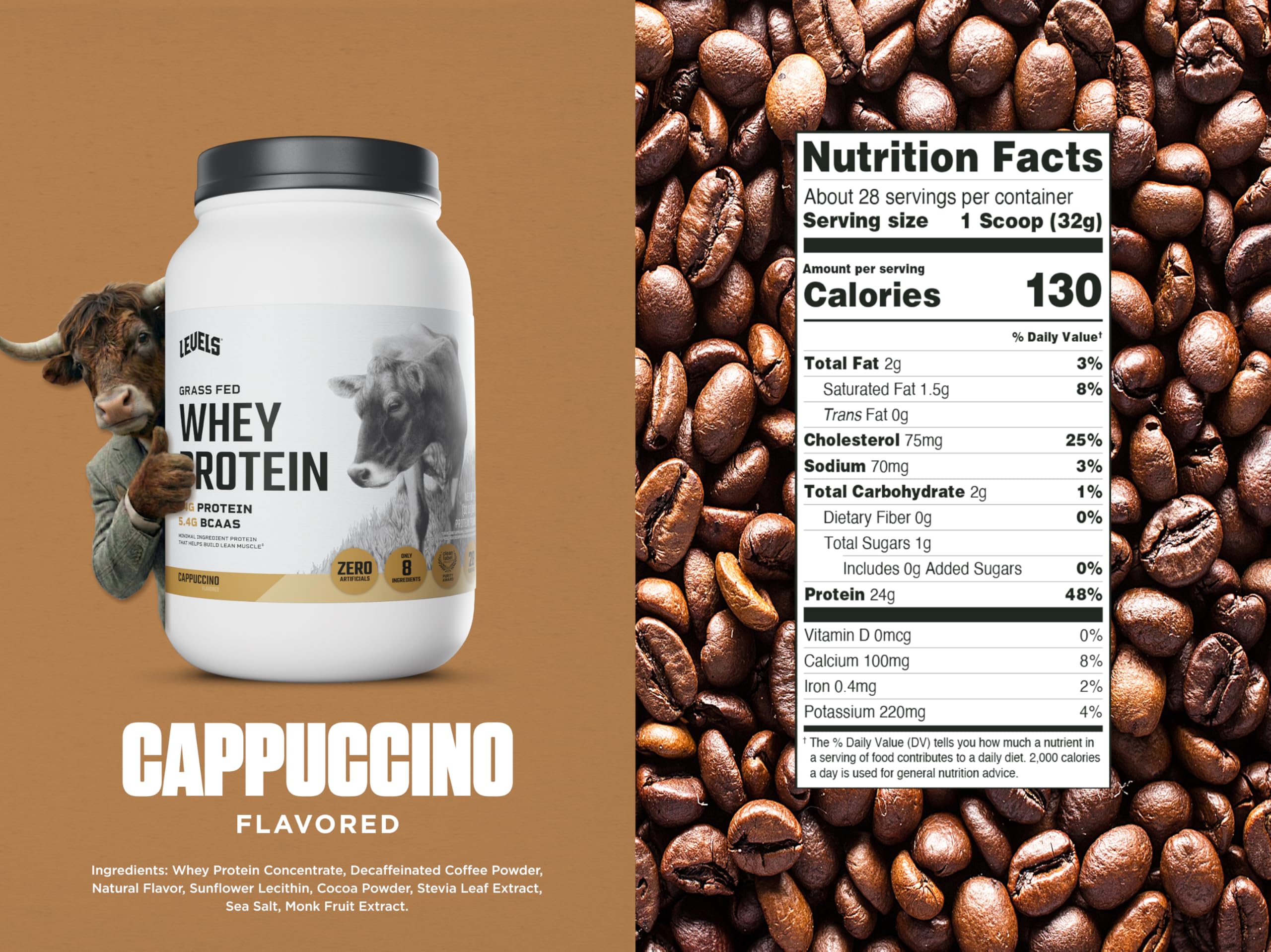 Levels proteina de suero cappuccino en taza cremosa para batidos