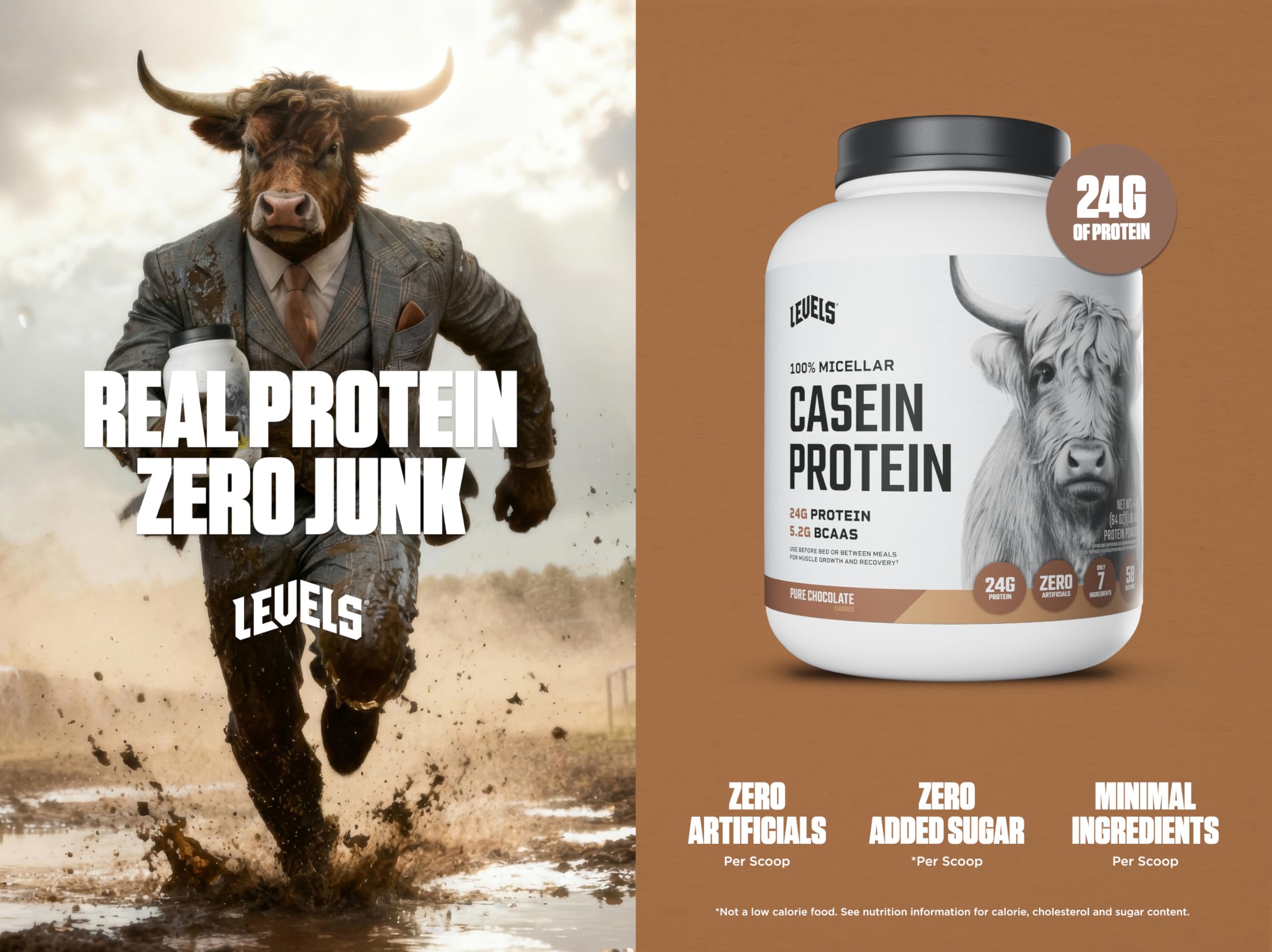 Levels Nutrition Casein micelar chocolate con cucharada, mezcla lista para merienda nocturna.