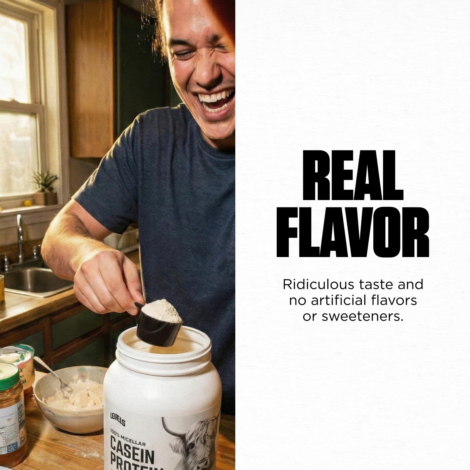 Levels Nutrition Casein micelar chocolate etiqueta clara y sin hormonas.