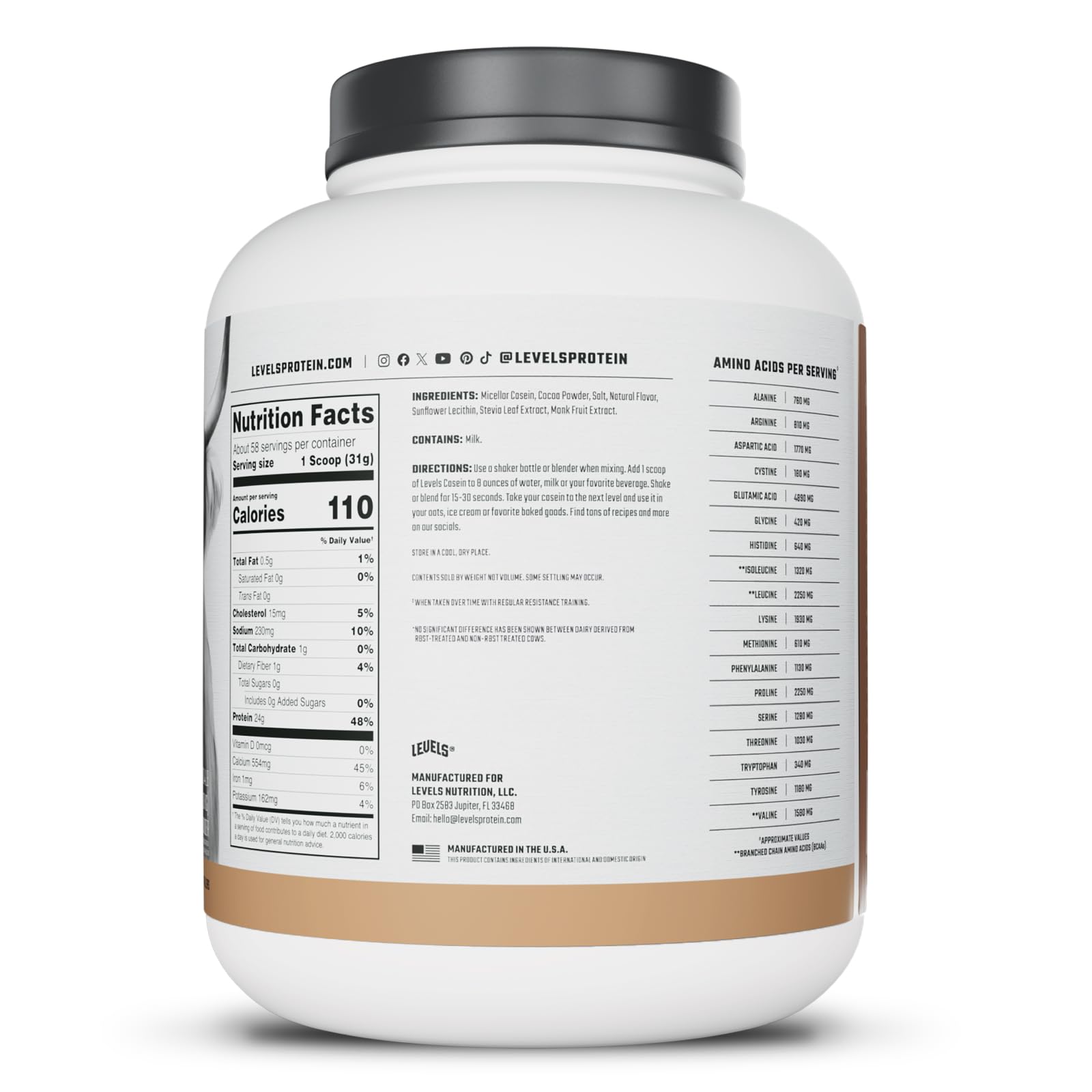 Levels Nutrition Casein micelar chocolate post-entrenamiento, bebida rápida para recuperación.