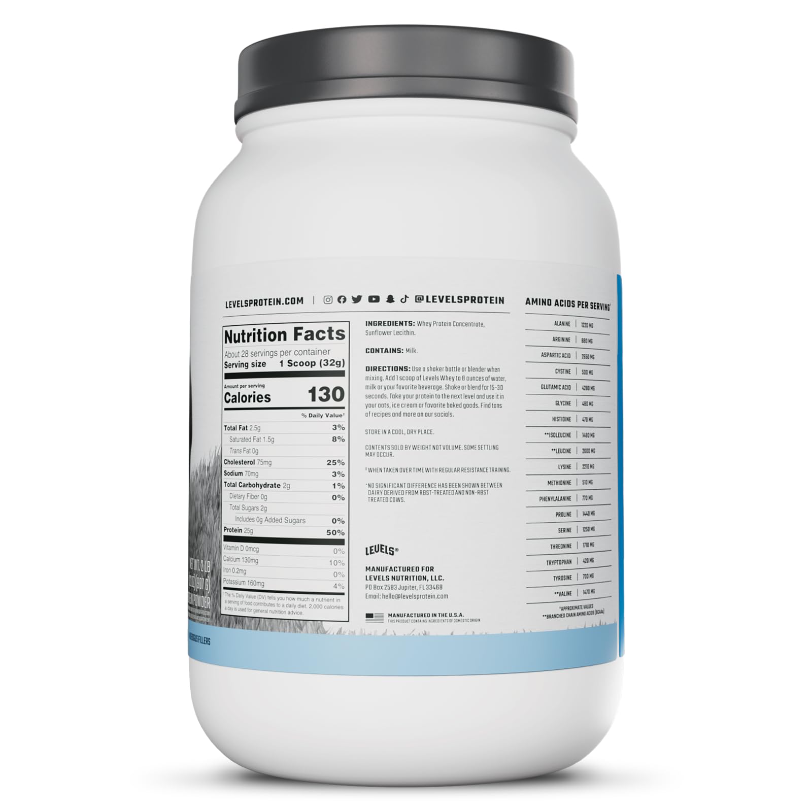 Envase de 2 lb de Levels proteína de suero alimentada con pasto
