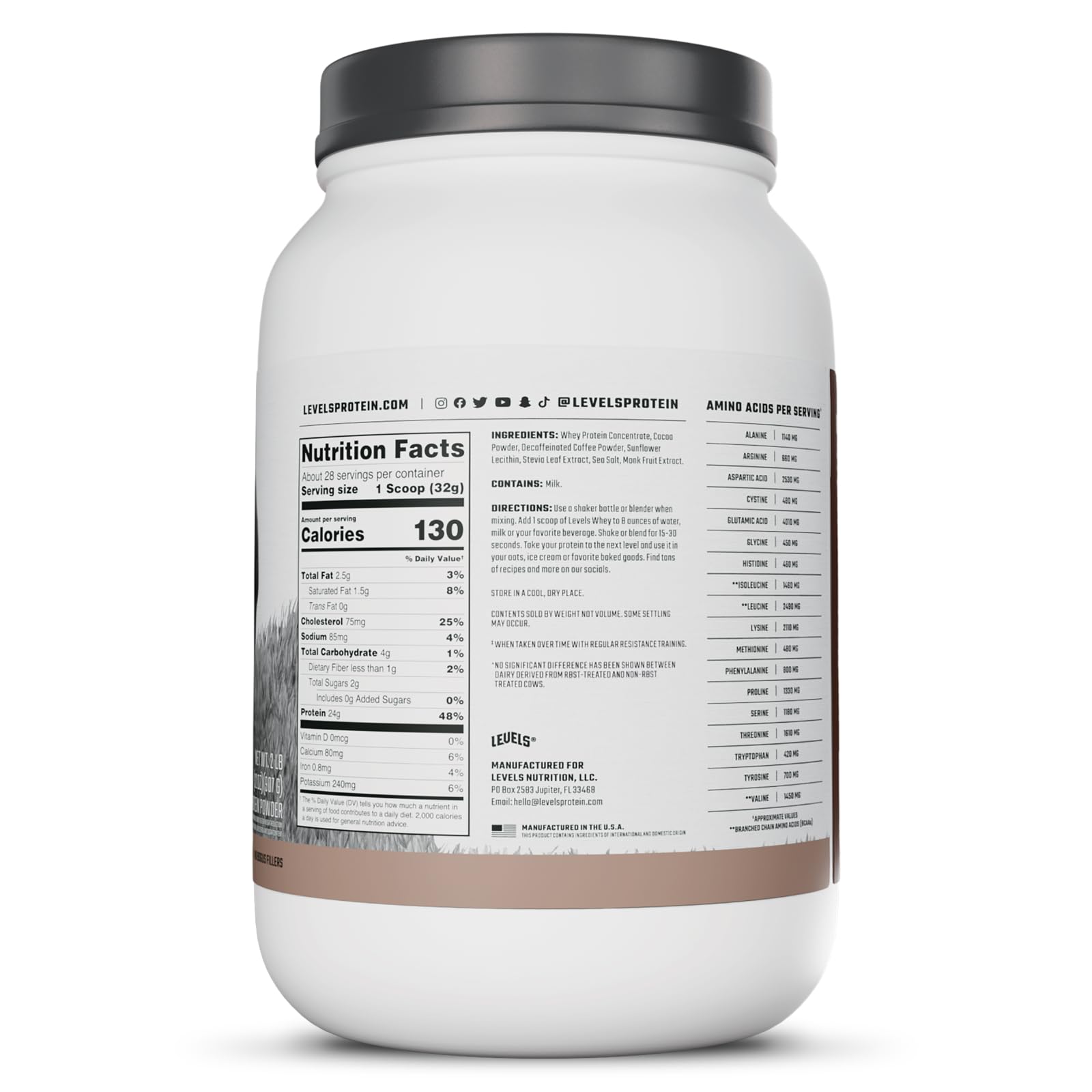 Levels proteína de suero chocolate moca leche de vaca pastoreada para nutrición limpia.