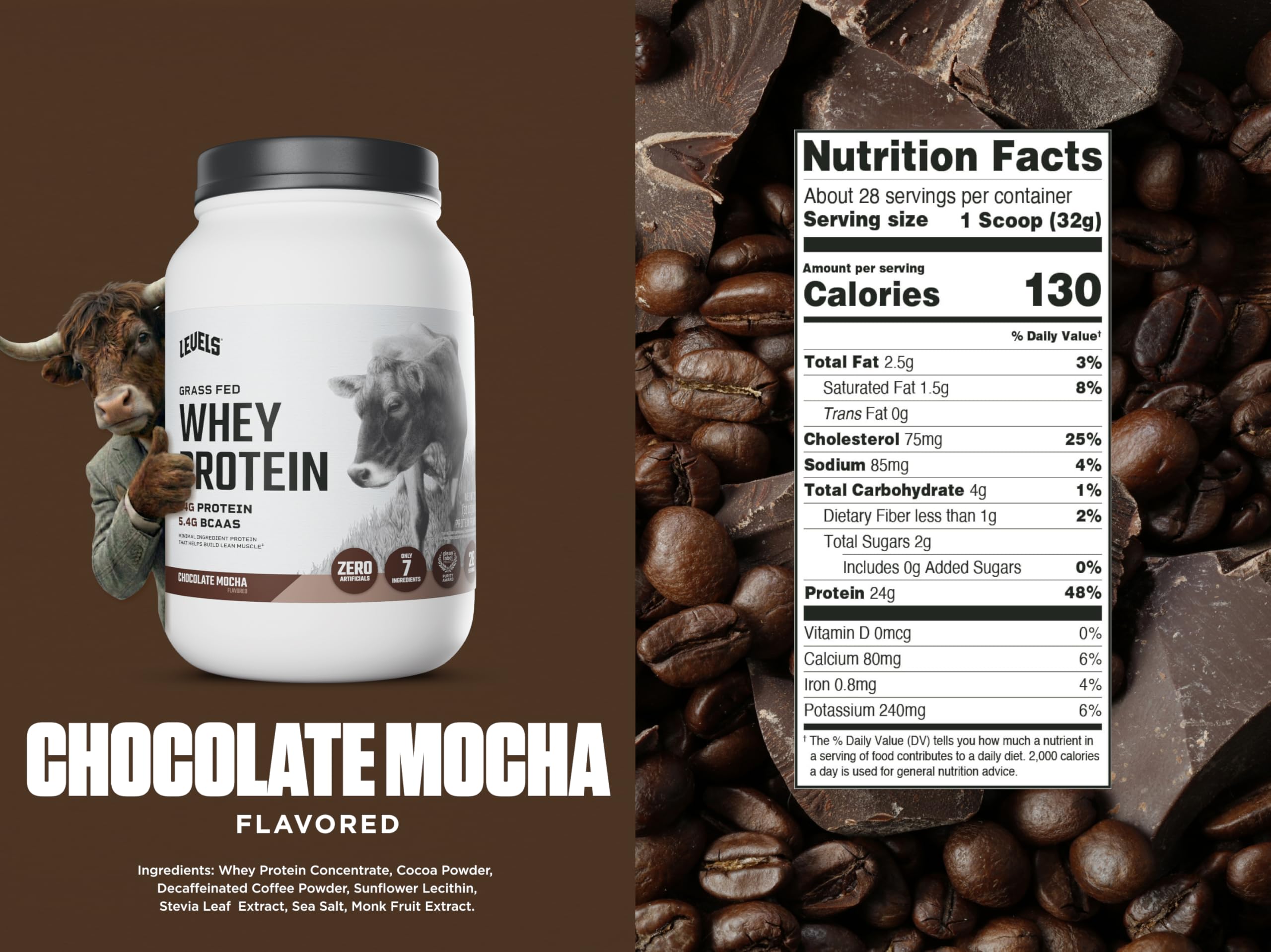 Levels proteína de suero chocolate moca en taza batido para energía post-entrenamiento.