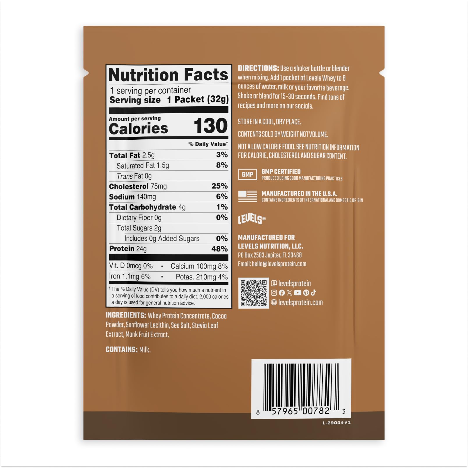Batido Levels Whey doble cacao preparado con agua para energía diaria