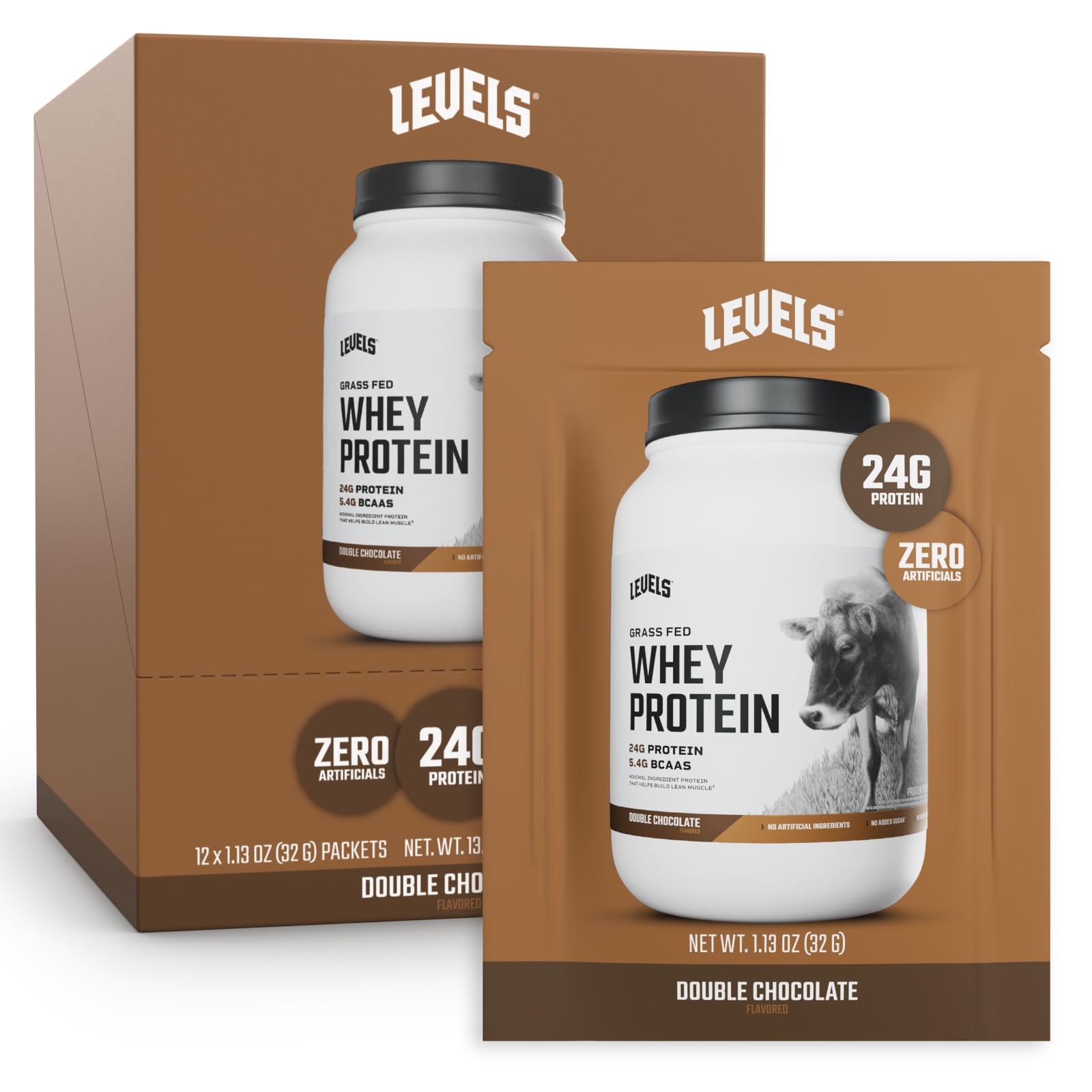 Levels proteina de suero grass-fed envase con sabor doble cacao, ideal para entrenamientos diarios