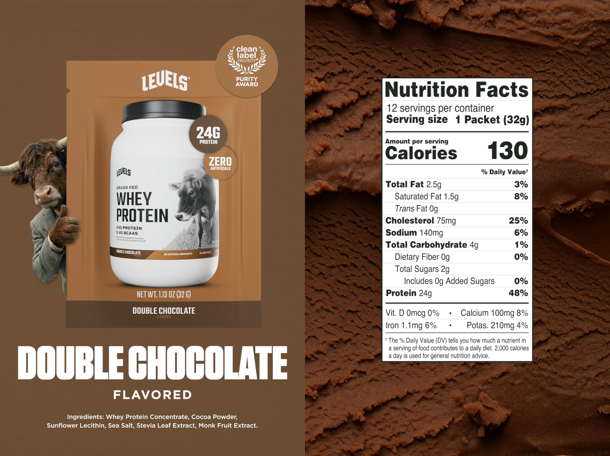 Mezcla de Levels Whey grass-fed en vaso, batido cremoso sin grumos