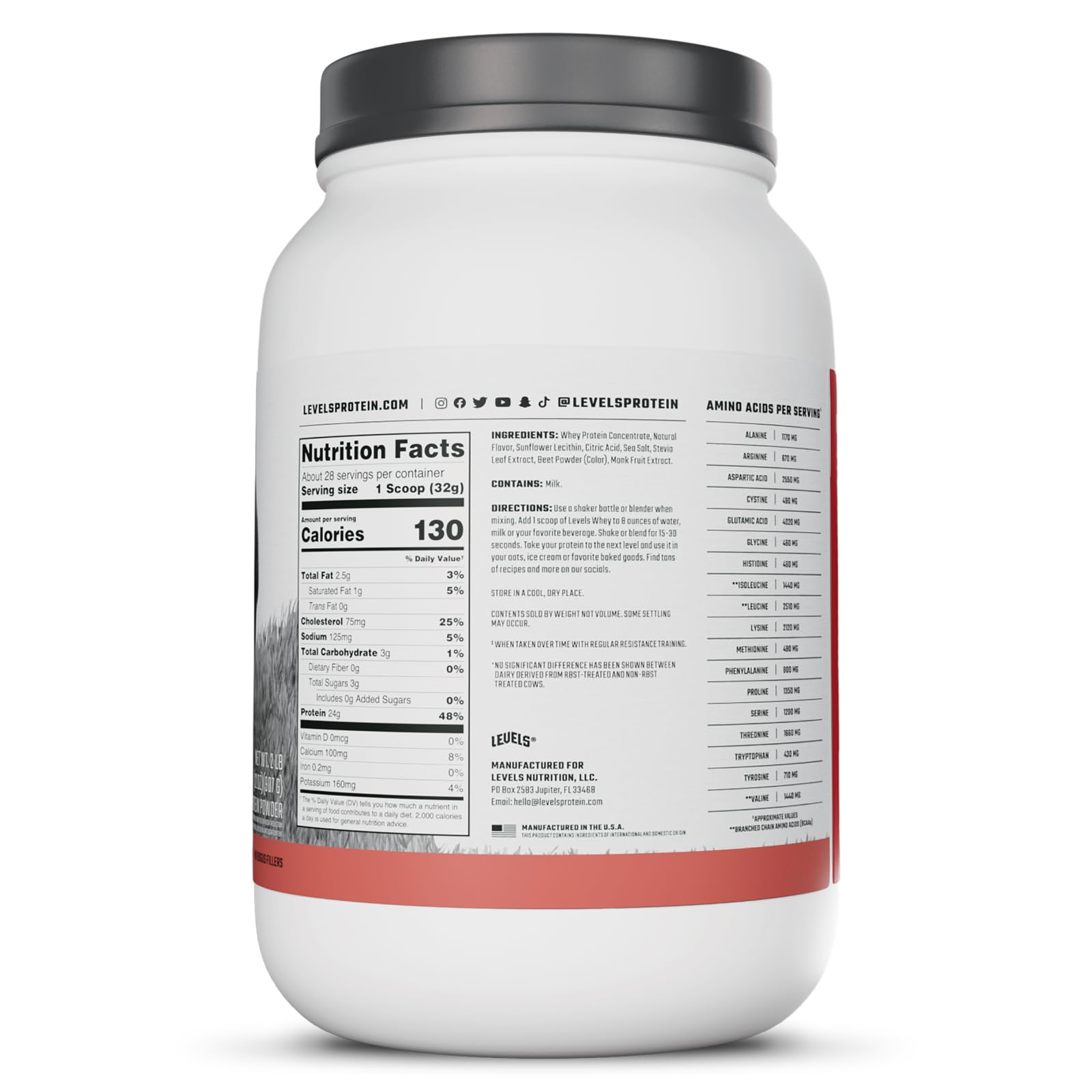 Envase estable Levels proteina suero para uso diario.