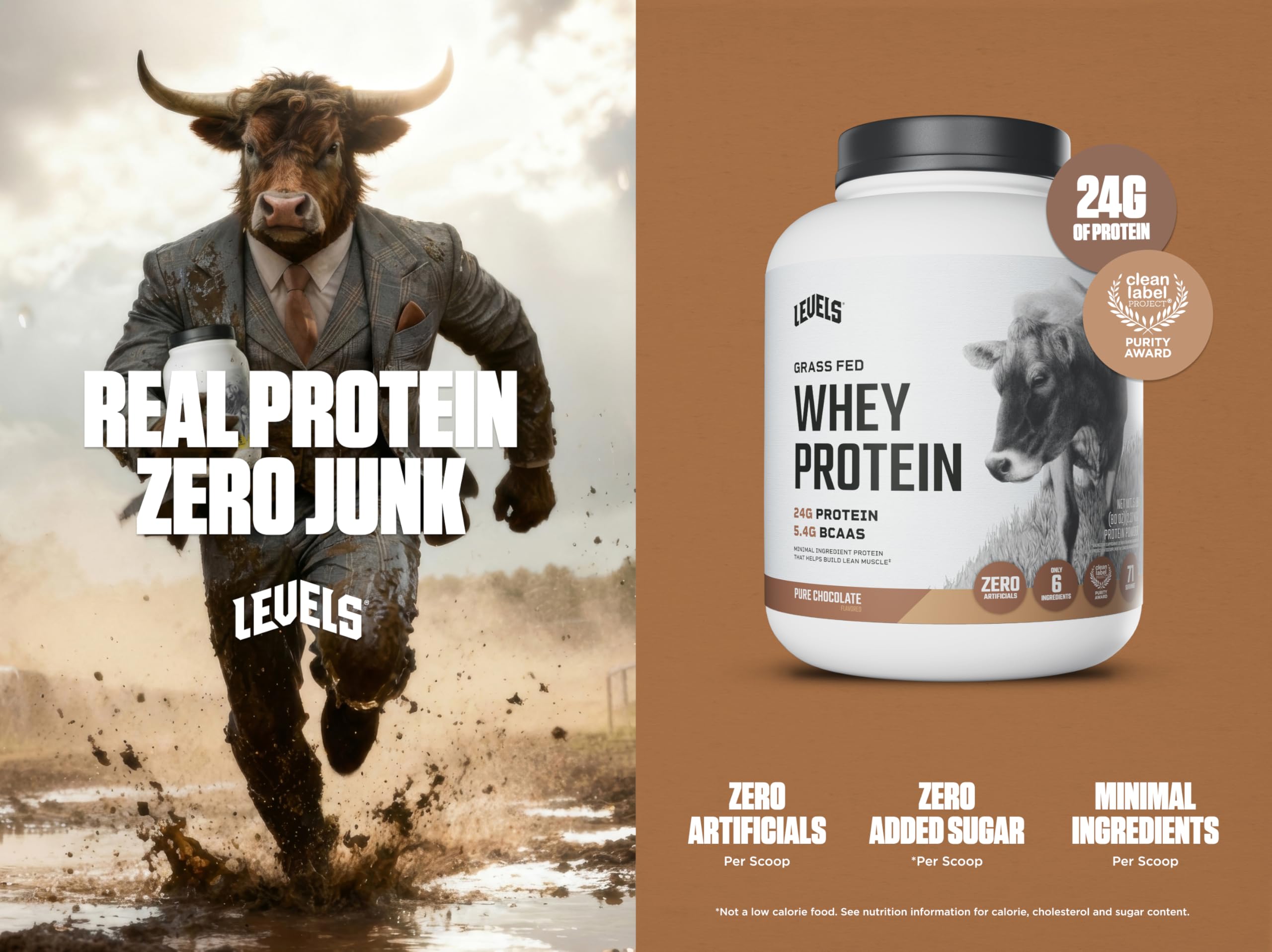 Levels Pure Chocolate Whey Powder with scoop, smooth mixability for shakes.
