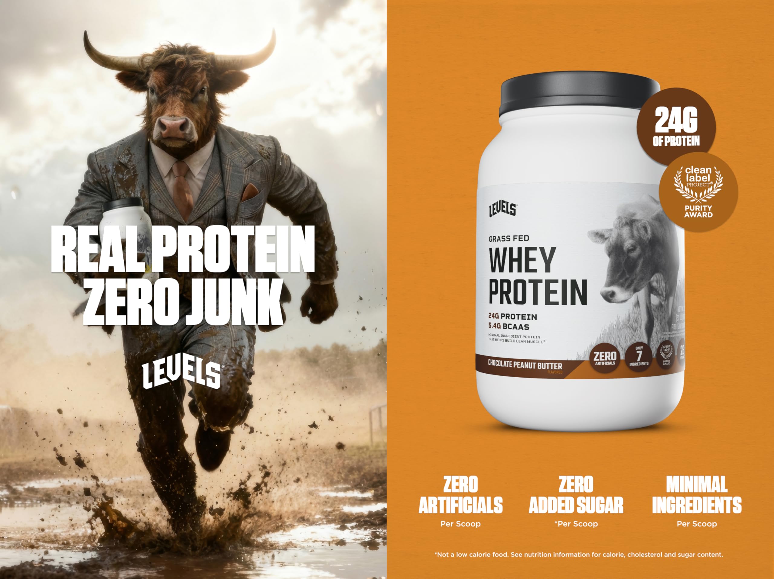 Batido Levels Whey Grass Fed en vaso, sabor chocolate y cacahuete