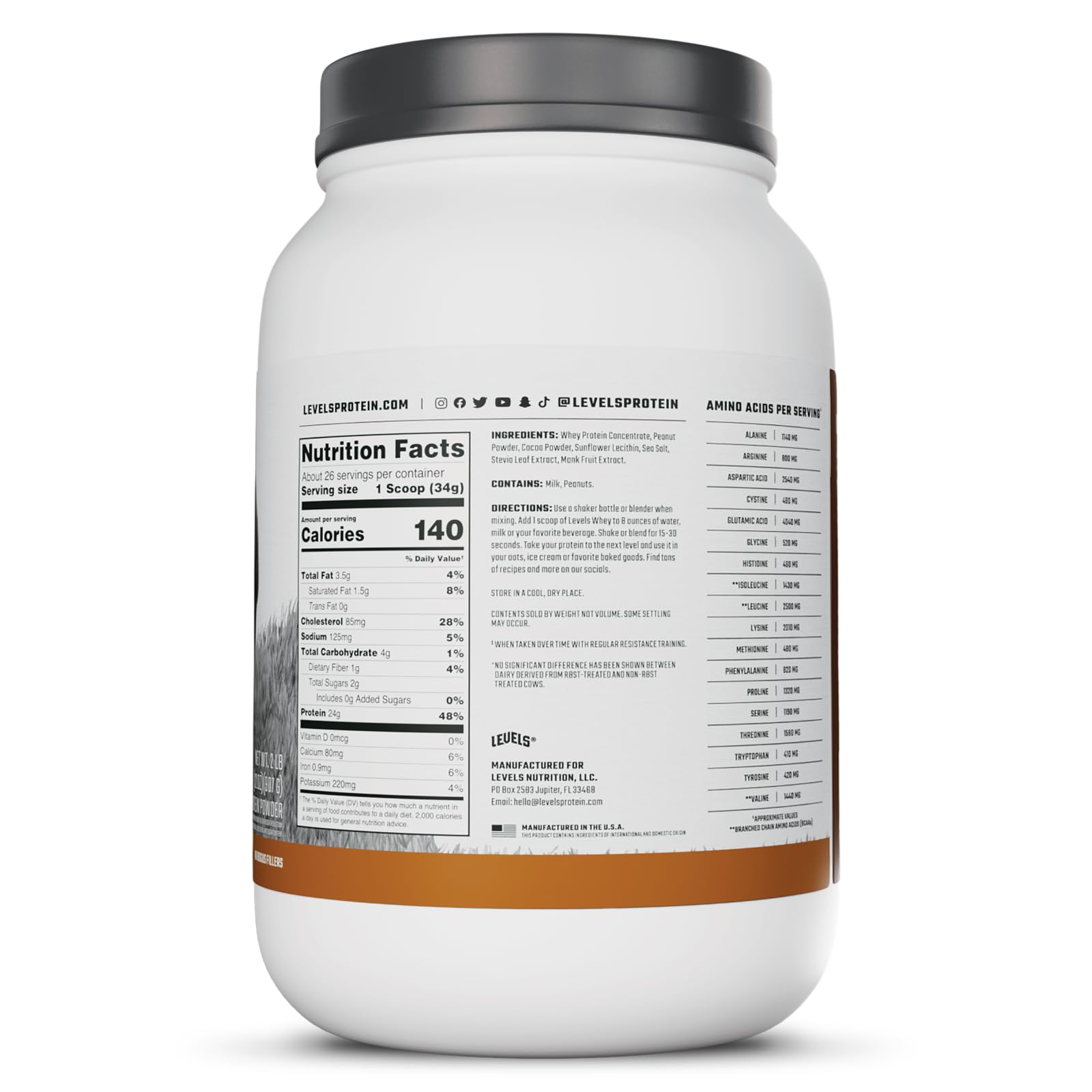 Presentación de dos libras de Levels Whey Grass Fed