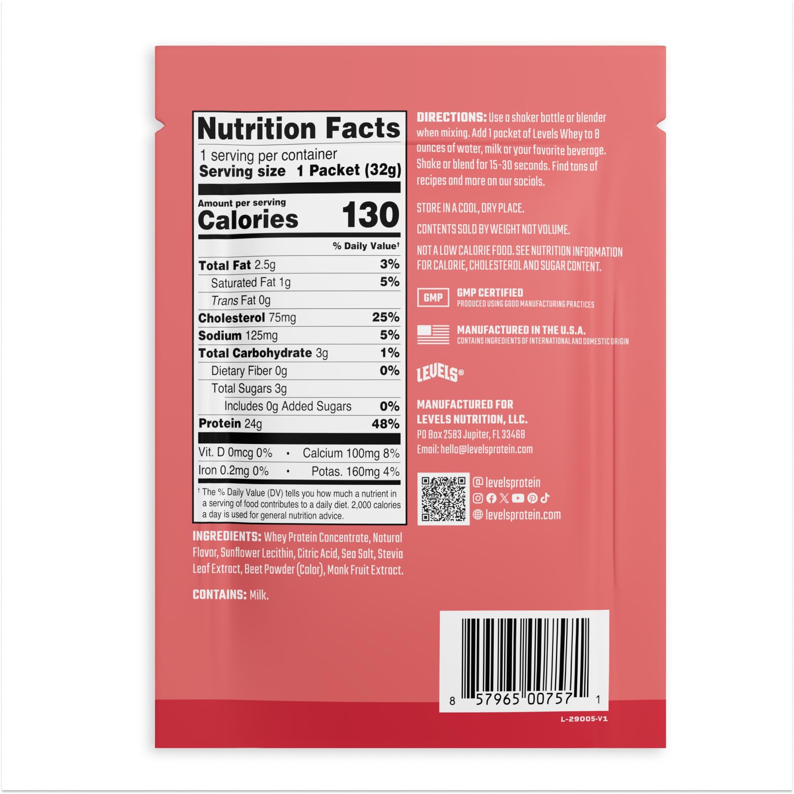 Presentación de 12 porciones de Levels Whey