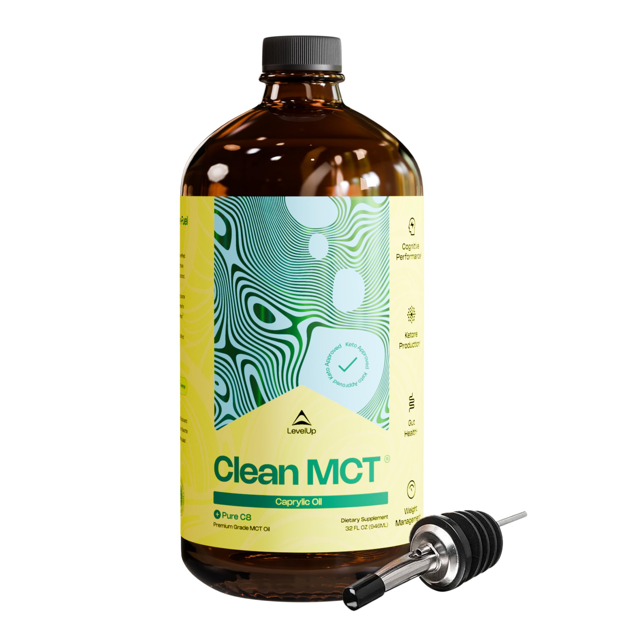 LevelUp Clean MCT Oil botella de vidrio frontal, energía rápida y limpia.