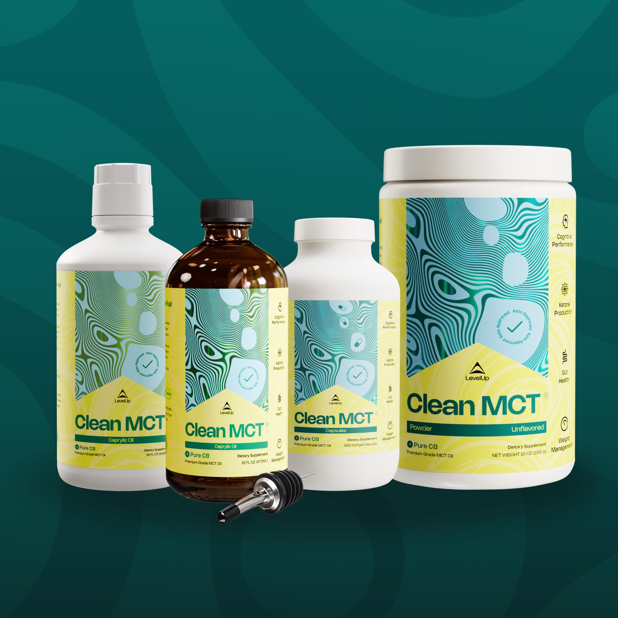 LevelUp Clean MCT Oil envase de vidrio de 946 ml facilita dosis.