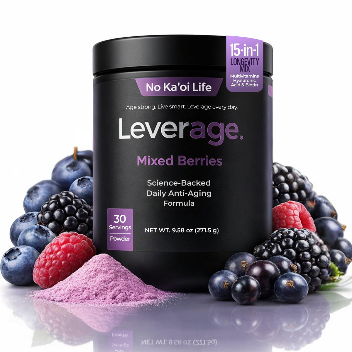 Leverage mezcla-frutos-rojos pote en mesa, ideal para una rutina diaria de bienestar.