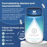 Levium: etiqueta de ingredientes resalta Ashwagandha y Magnesio para equilibrio diario