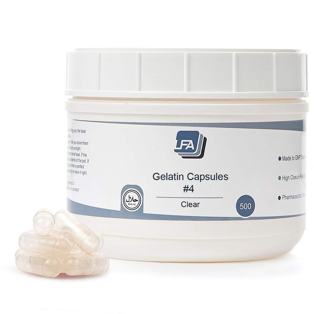 Cápsulas vacías LFA de gelatina bovina tamaño 4 claras, 500 unidades para suplementos.