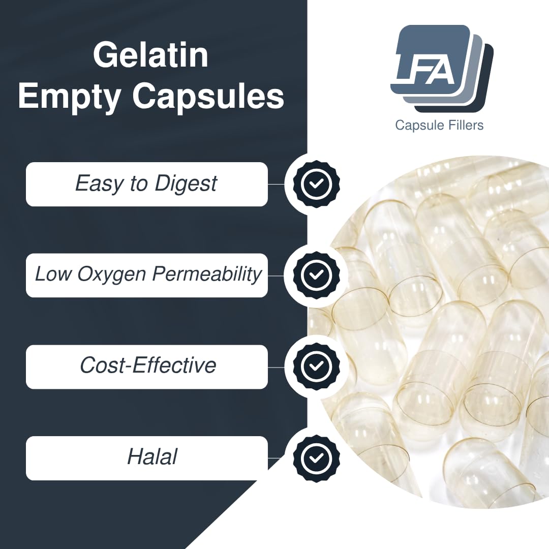 Cápsulas LFA de gelatina bovina tamaño 4 con cierre fácil, claras, para uso casero.