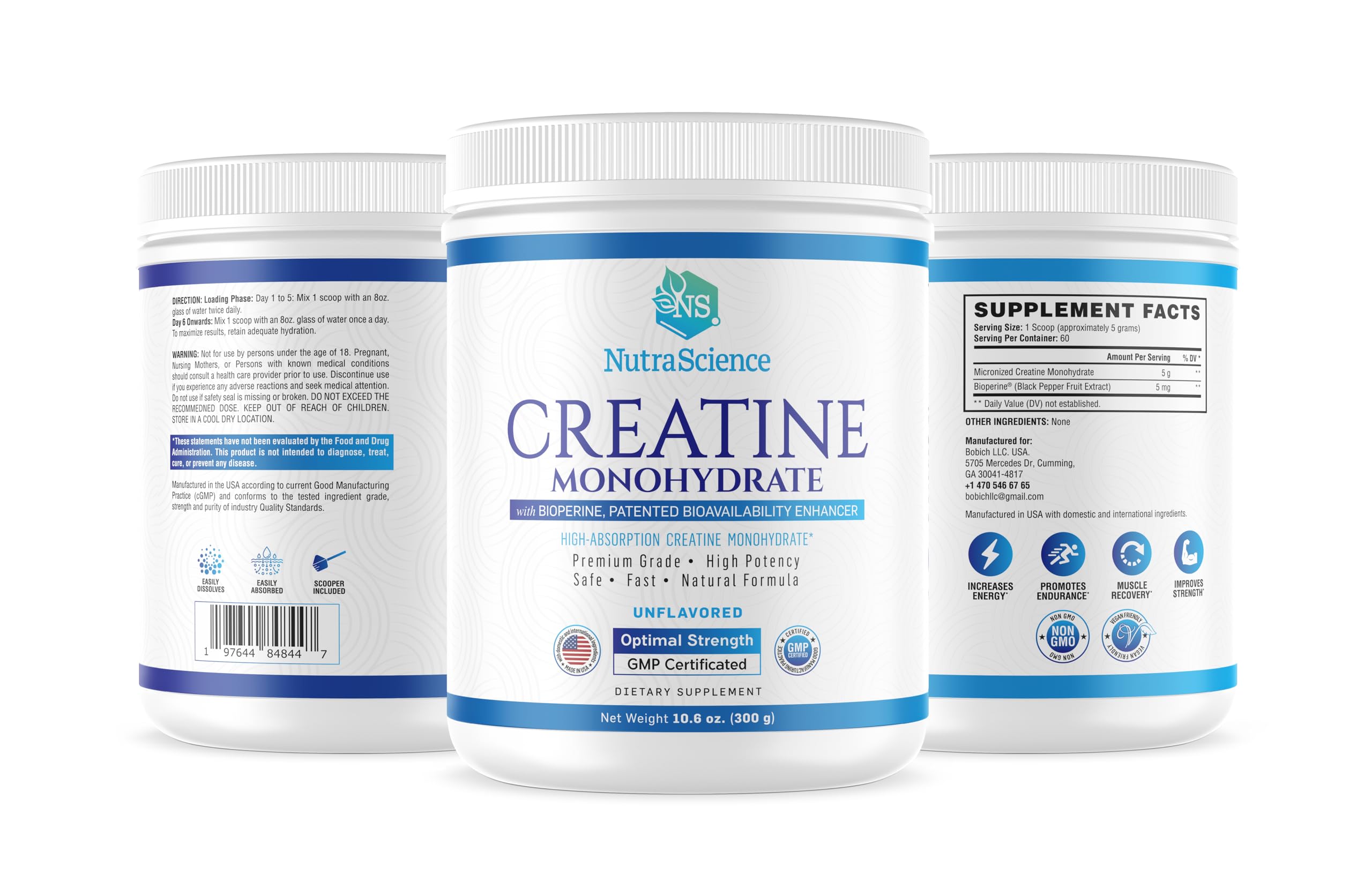 Liarminoo NutraScience Creatina Monohidrato con BioPerine para mejor absorción.