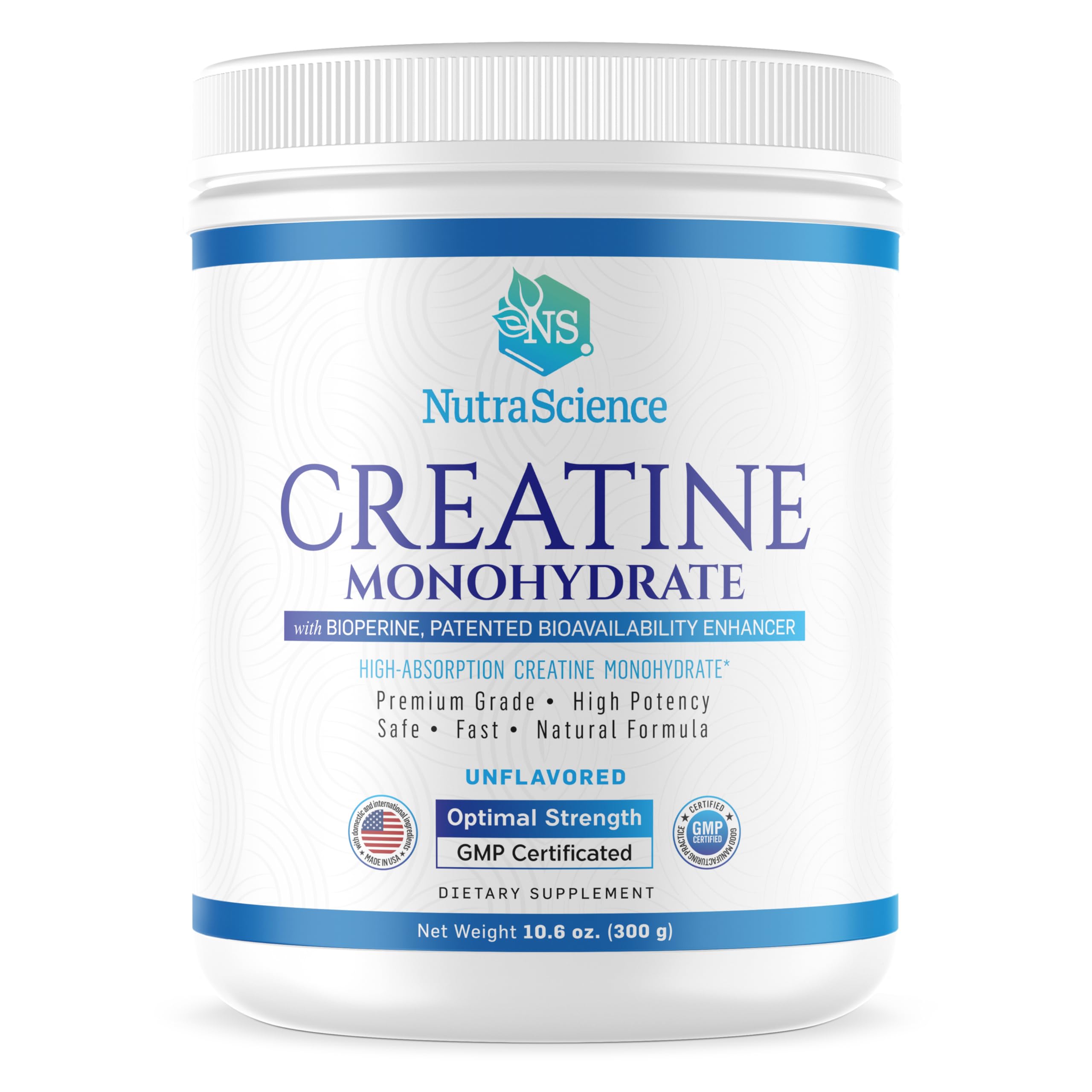 Liarminoo NutraScience Creatina Monohidrato en bote con medición para aumentar resistencia.