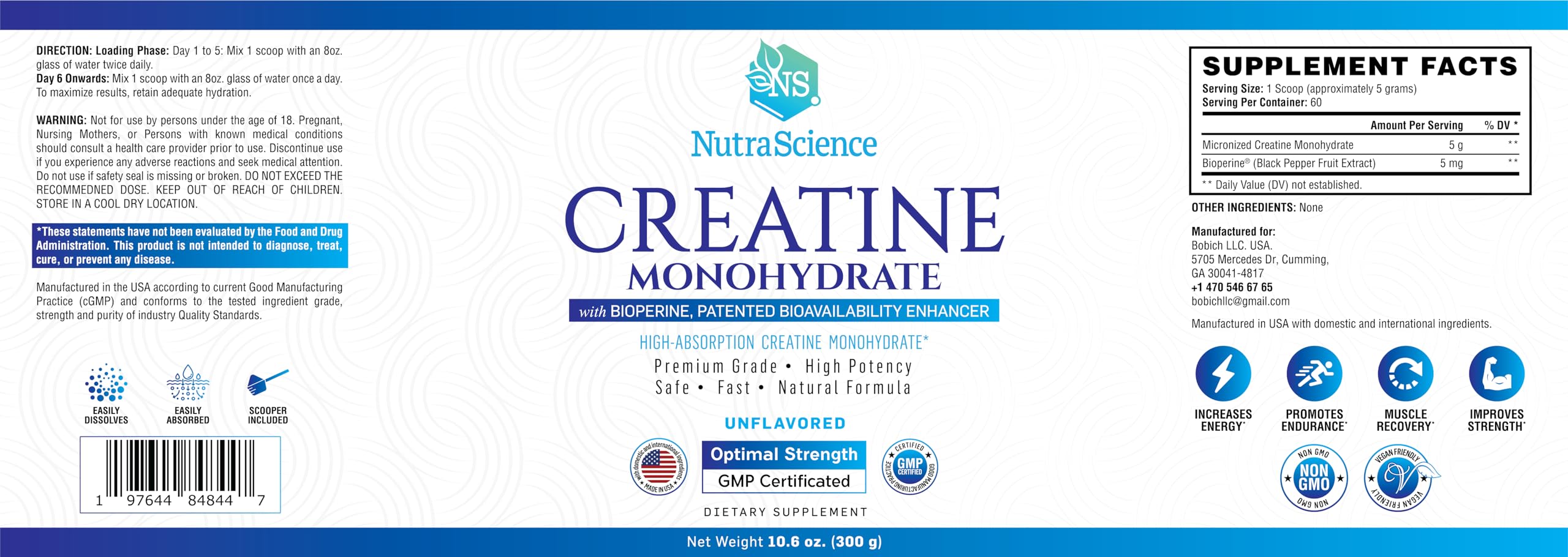 Liarminoo NutraScience Creatina Monohidrato fabricado en USA, control GMP y calidad.