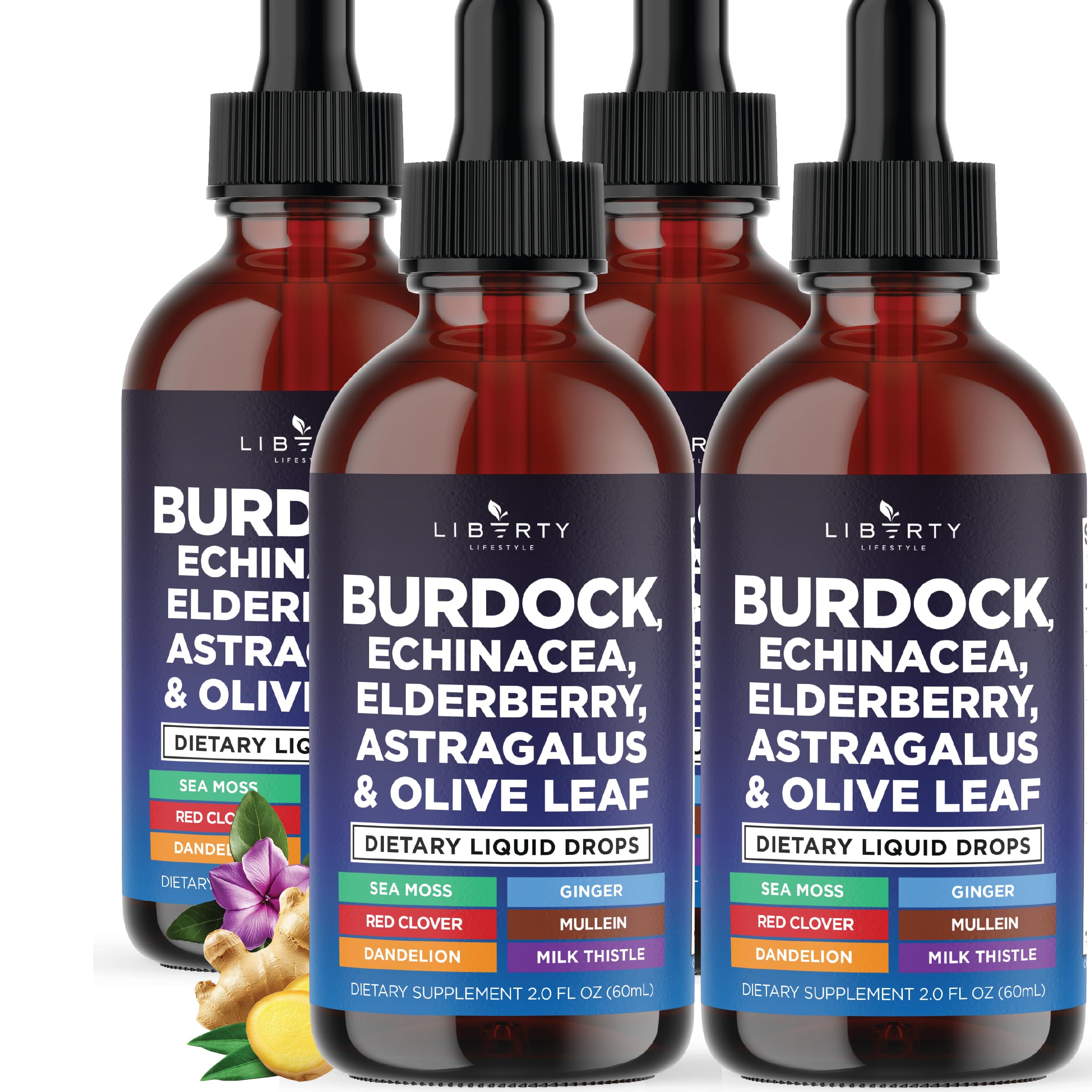 Liberty Lifestyle Burdock Drops, frasco vertido para drenaje linfático y bienestar diario.