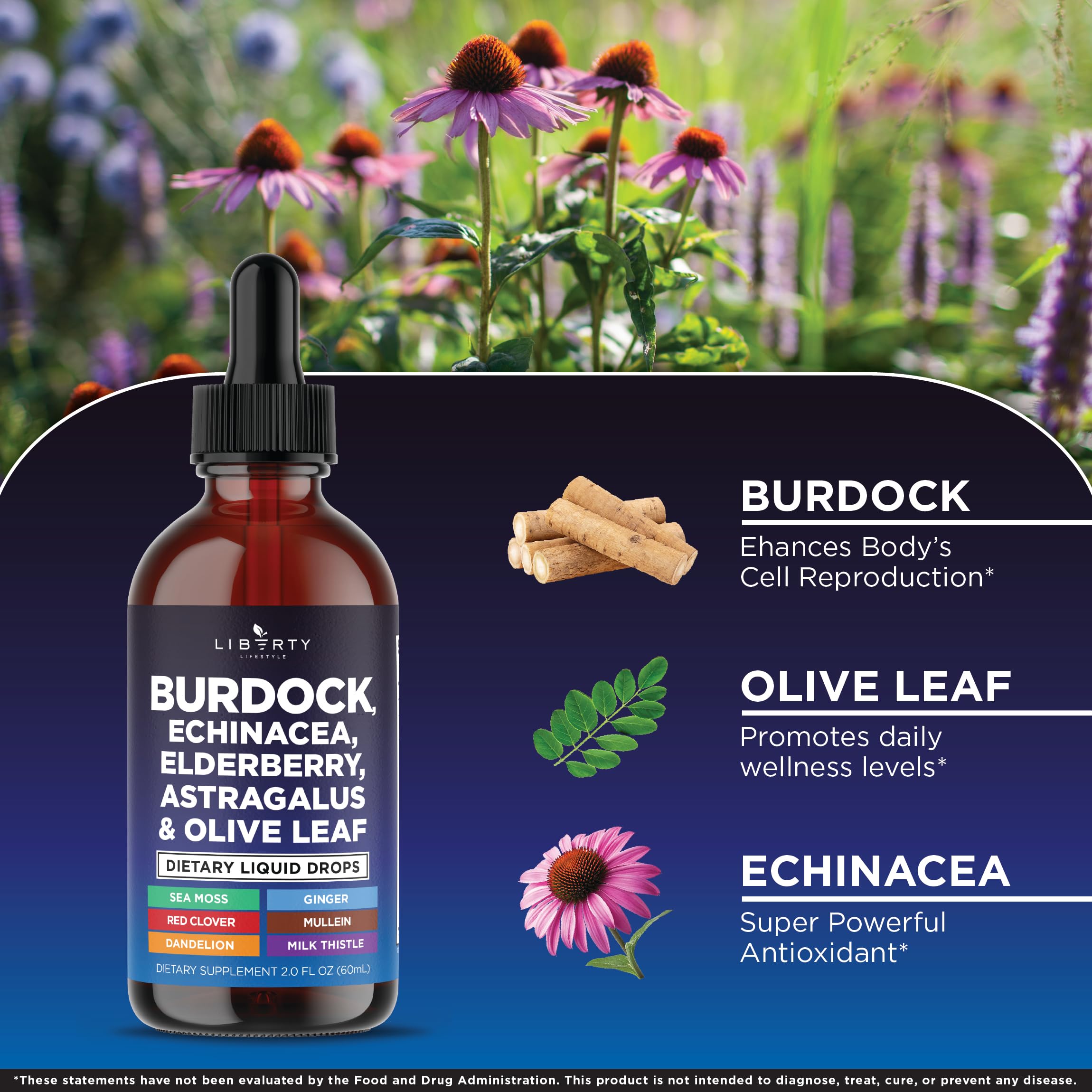 Liberty Lifestyle Burdock Drops, ingredientes herbales como bardana y diente de león para equilibrio.