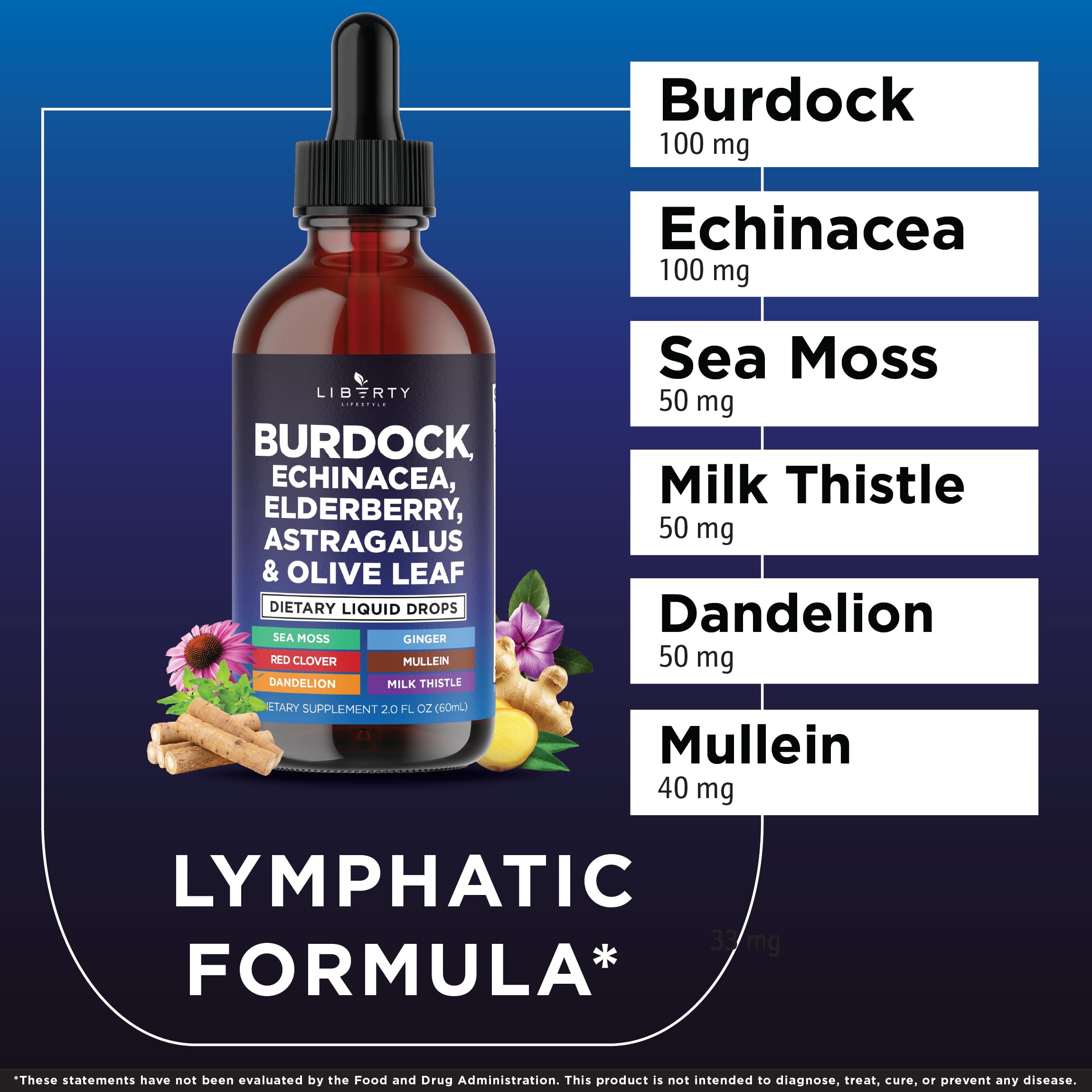 Liberty Lifestyle Burdock Drops, etiqueta clara y uso diario fácil para soporte inmunológico y detox.