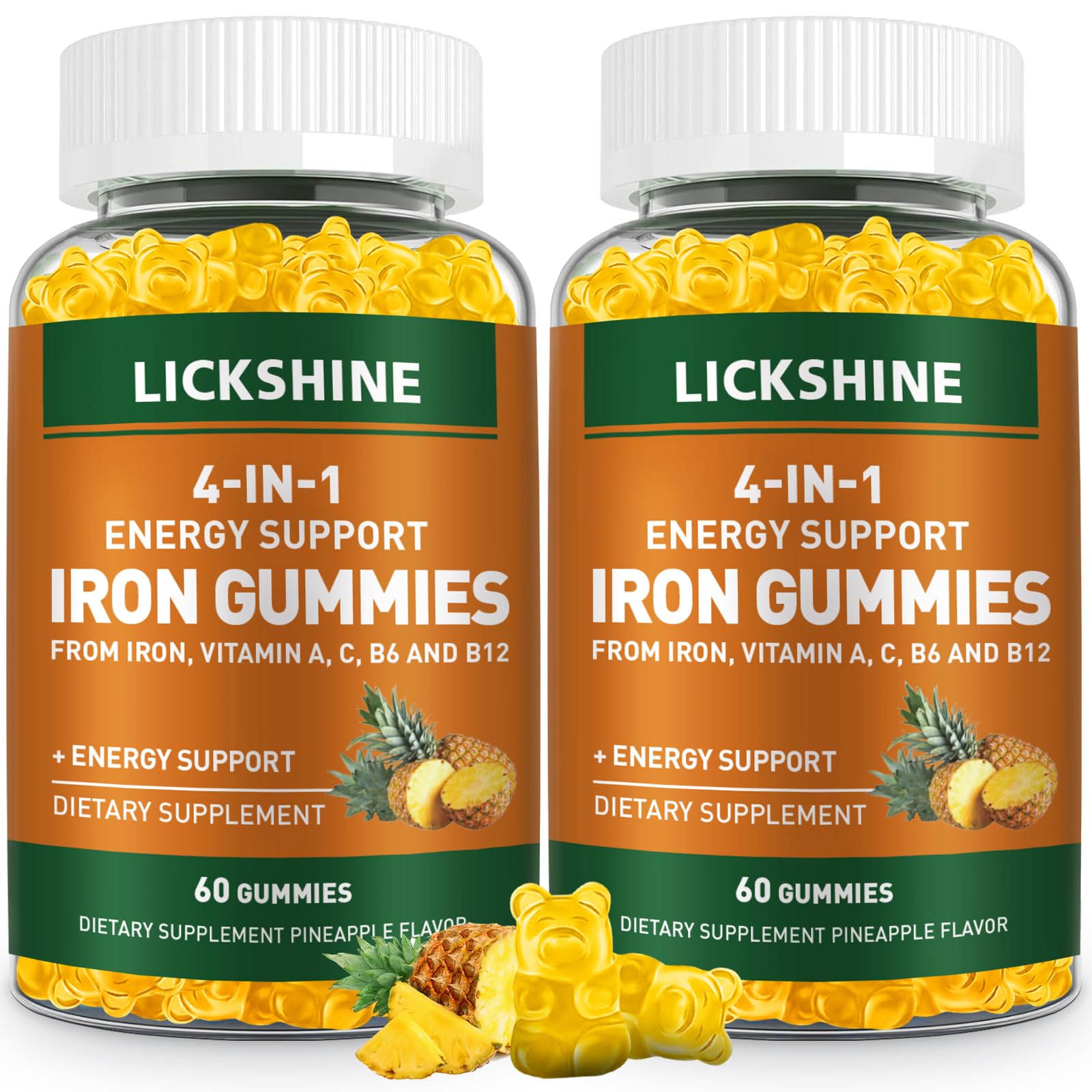 Gomitas veganas de hierro Lickshine con sabor piña para energía diaria.