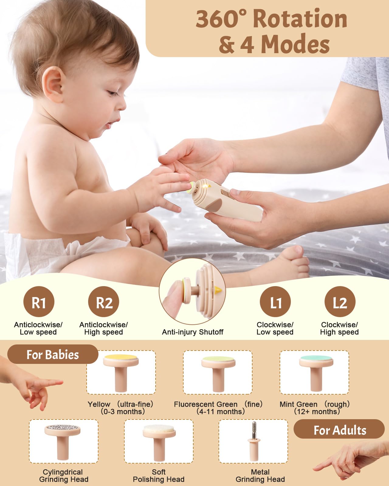 Lima de uñas 2 en 1 con luz automática de Lictin para uñas de bebé