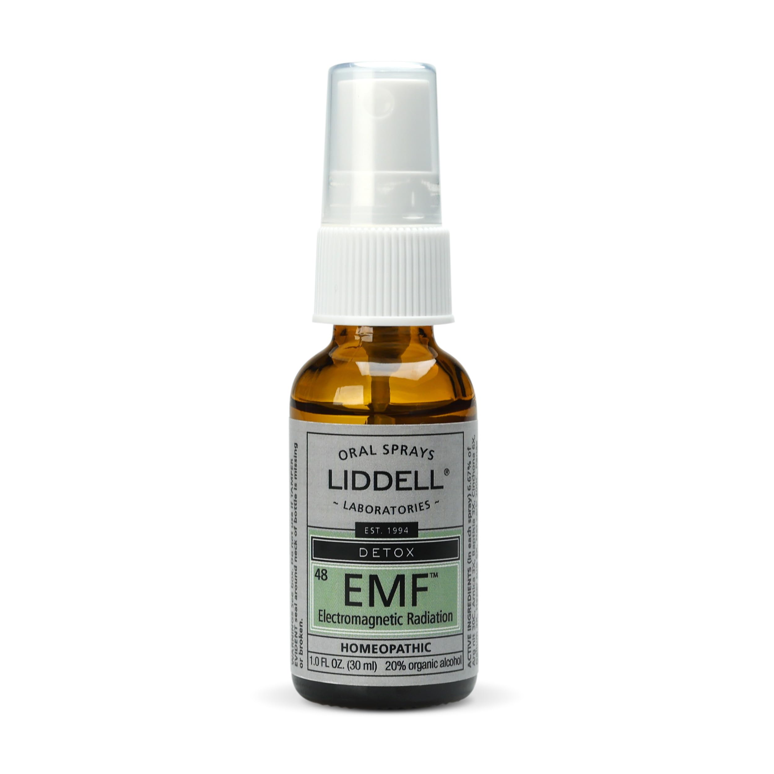 Etiqueta frontal de Liddell EMF Detox destacando fórmula homeopática suave.